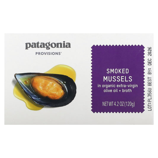 Patagonia Provisions, Smoked Mussels in Organic Extra-Virgin Olive Oil + Broth, 4.2 oz (120 g) - Image 1