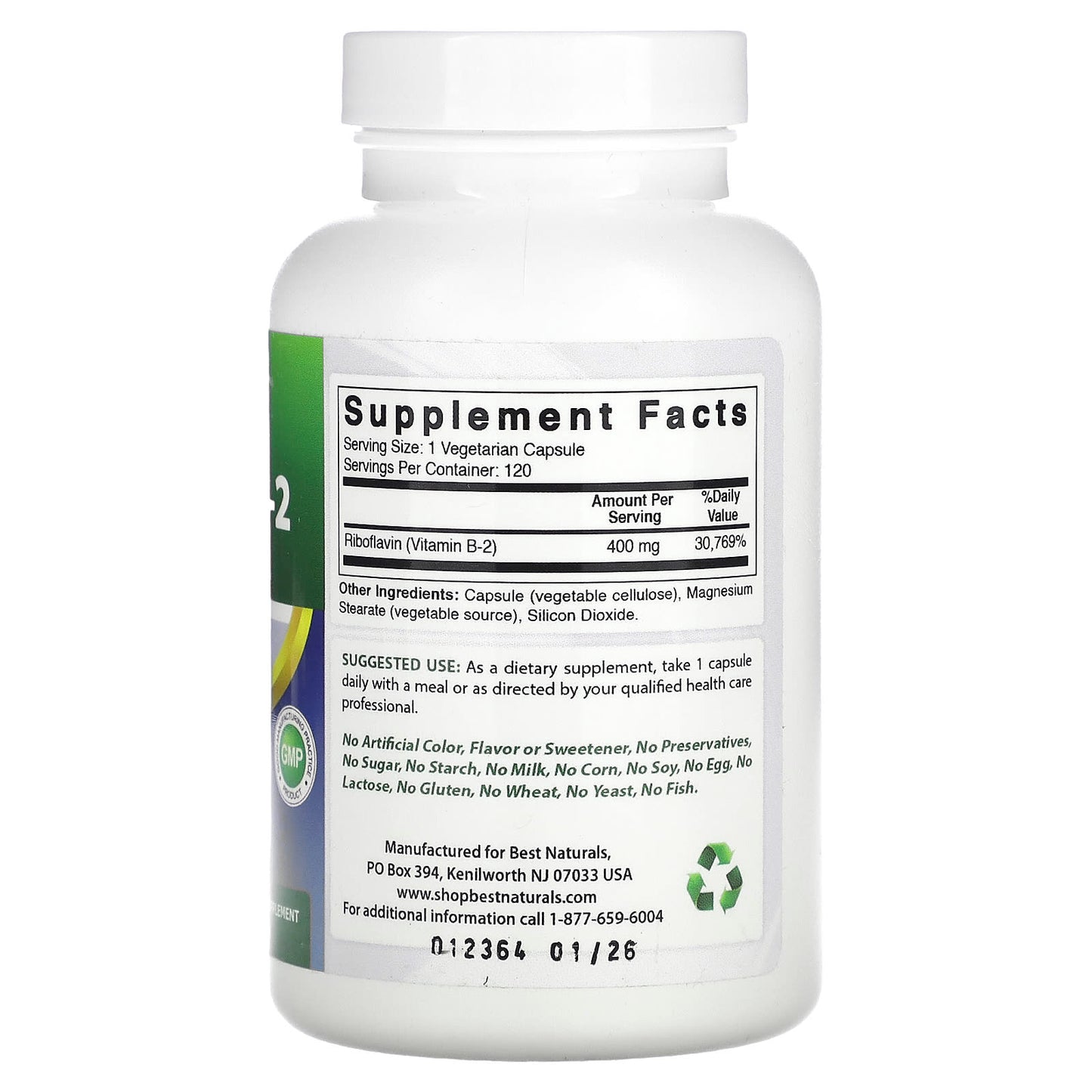 Vitamin B-2 (Riboflavin) Supplement by Best Naturals - 120 Capsules - Image 2