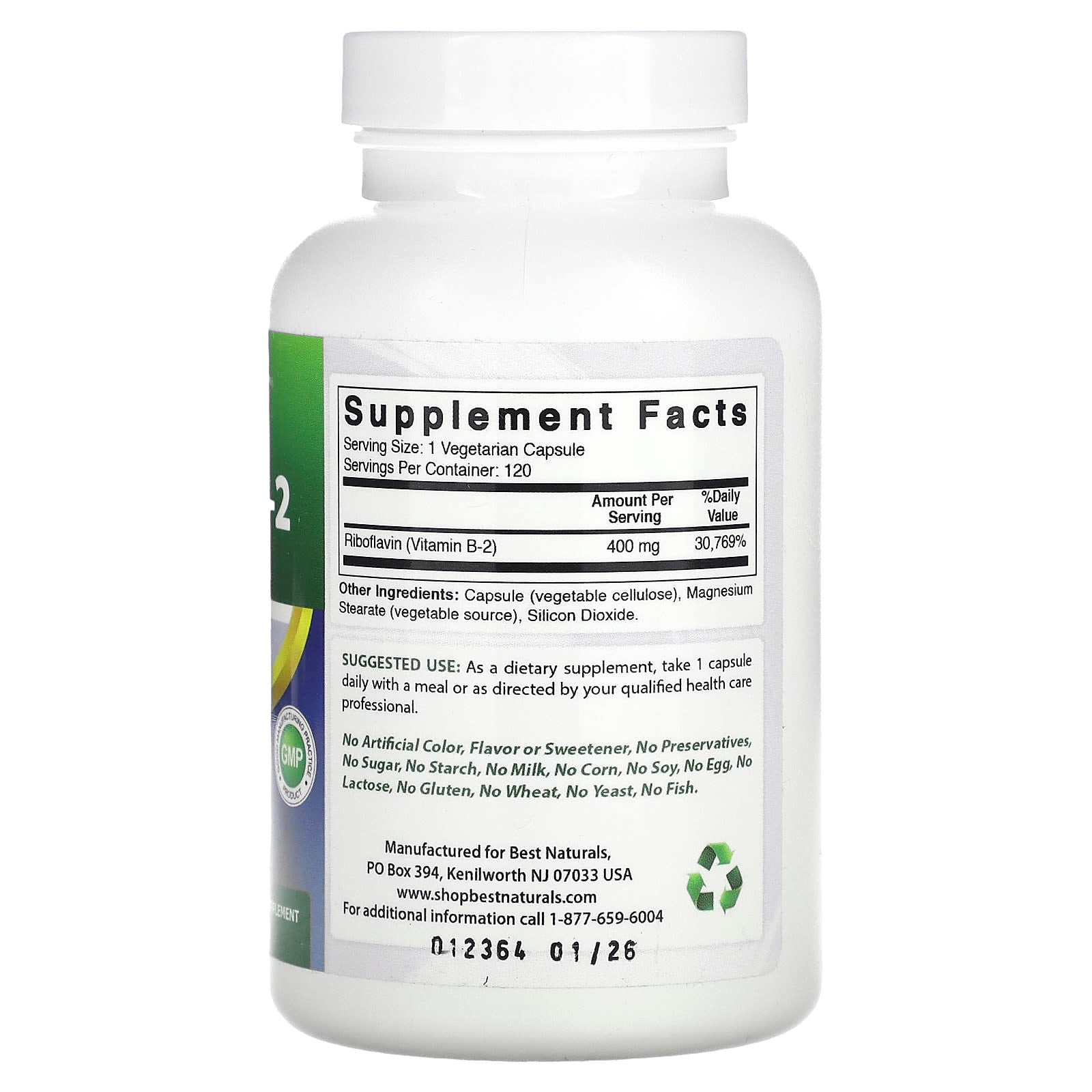 Vitamin B-2 (Riboflavin) Supplement by Best Naturals - 120 Capsules - Image 2