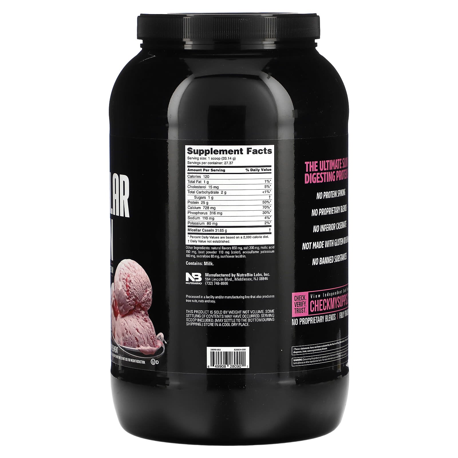 NutraBio, Micellar Casein, Strawberry Ice Cream, 2 lb (907 g) - Image 2
