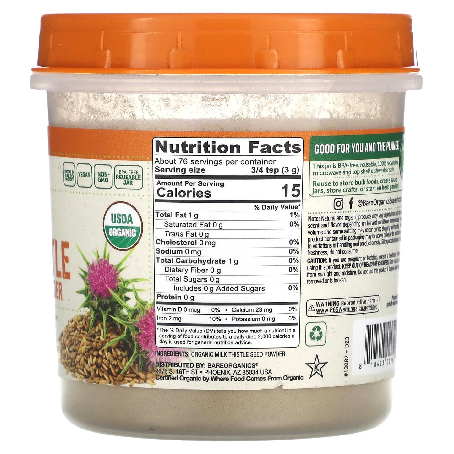 BareOrganics Organic Milk Thistle Seed Powder, 8 oz - Keto & Paleo Friendly - Image 2