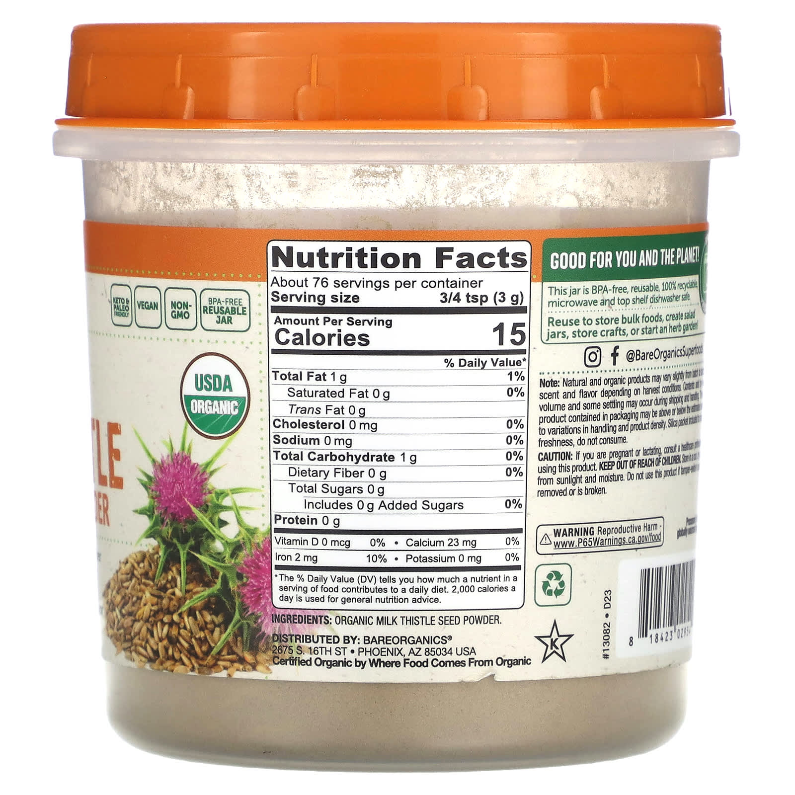 BareOrganics Organic Milk Thistle Seed Powder, 8 oz - Keto & Paleo Friendly - Image 2