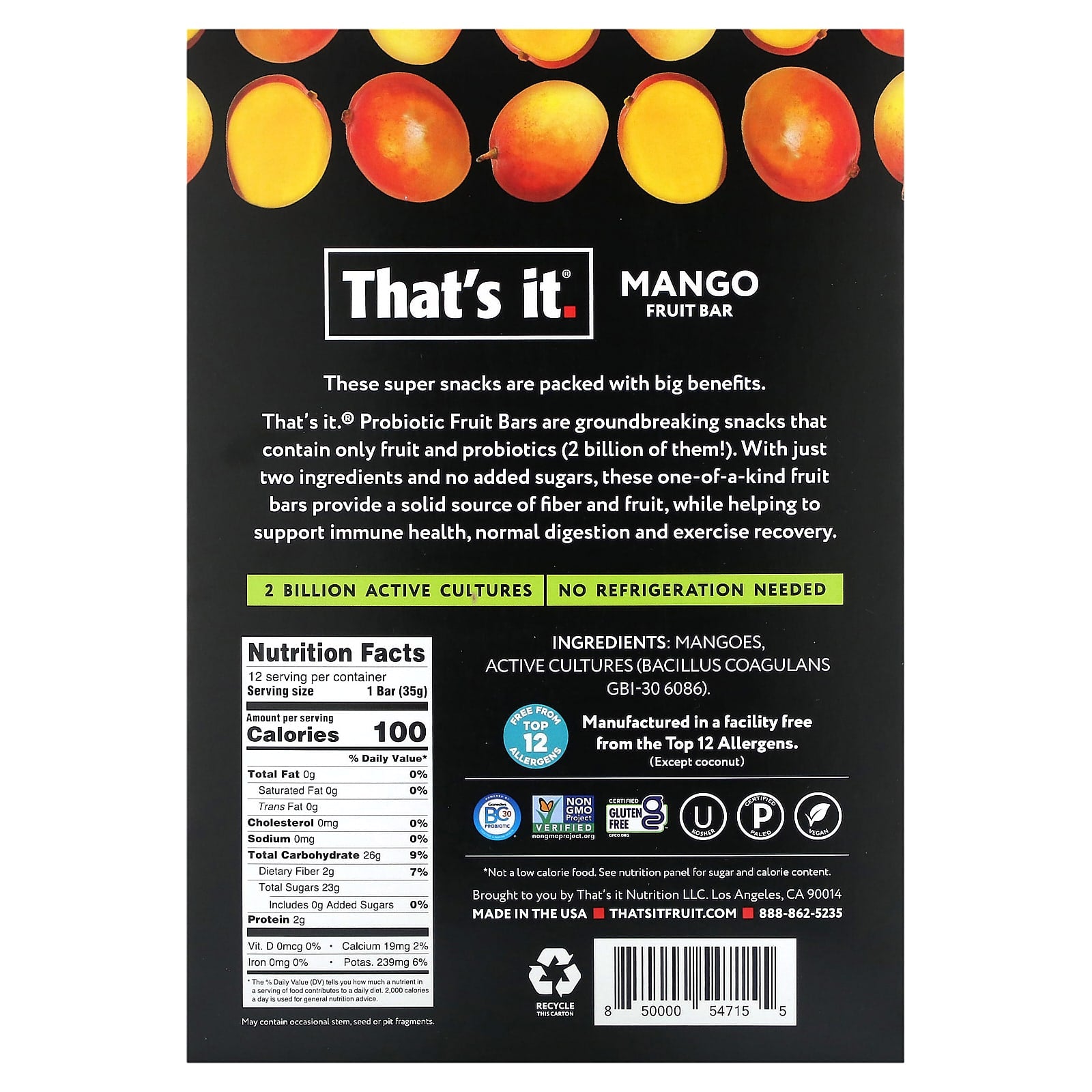 That's It, Probiotics + Prebiotics  Fruit Bar, Mango, 12 Bars, 1.2 oz (35 g) Each - Image 2