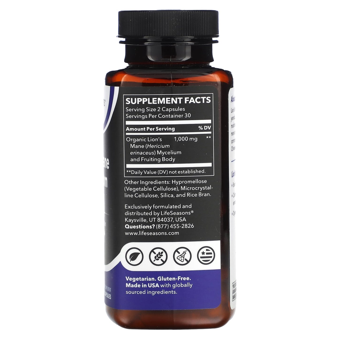 LifeSeasons, Lion's Mane Mushroom, 60 Veg Capsules (500 mg per Capsule) - Image 2