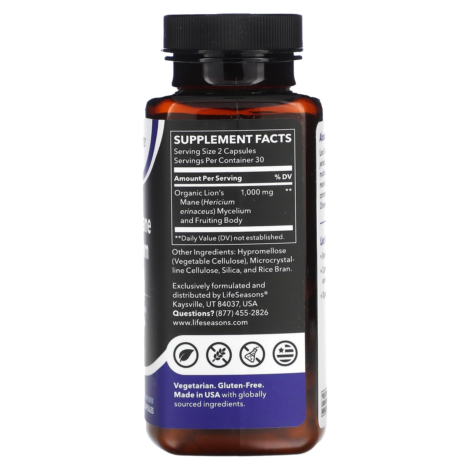 LifeSeasons, Lion's Mane Mushroom, 60 Veg Capsules (500 mg per Capsule) - Image 2
