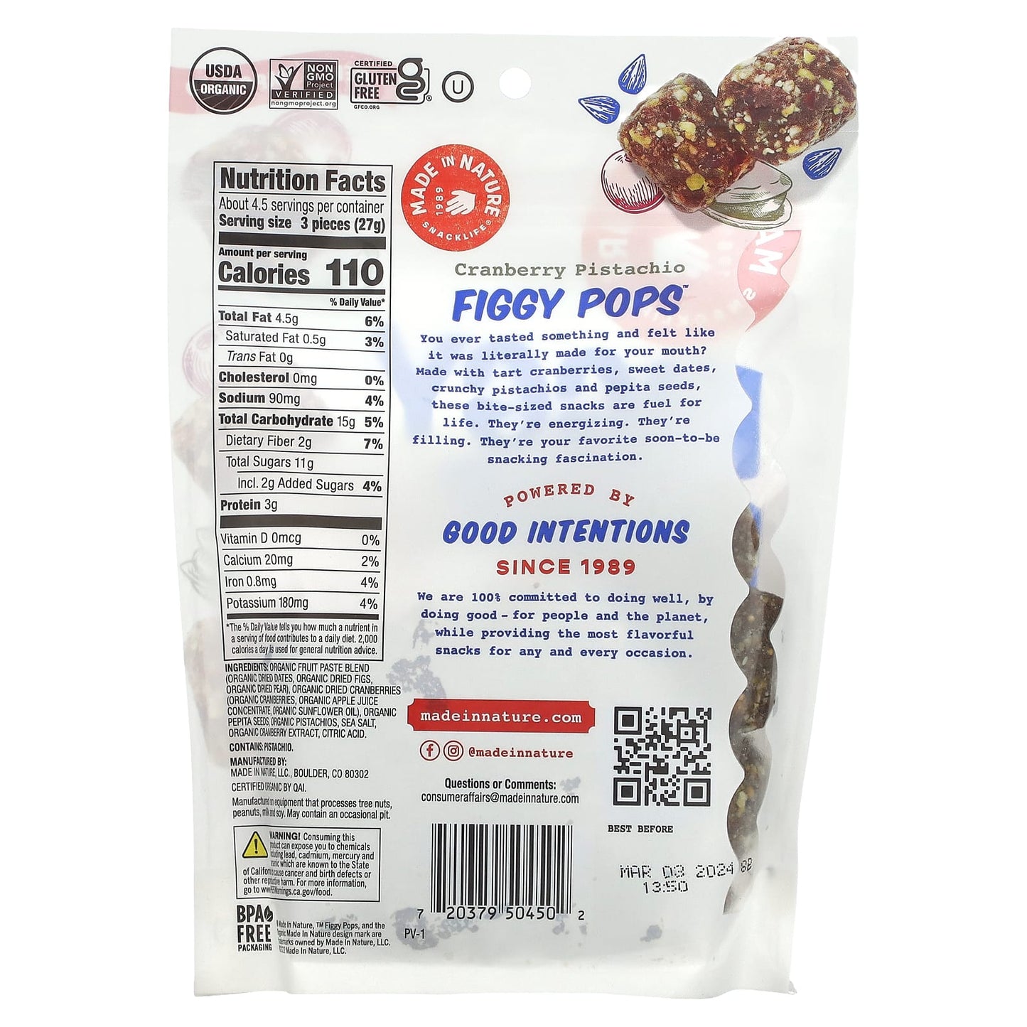 Made in Nature, Figgy Pops, Cranberry Pistachio, 4.2 oz (119 g) - Image 2