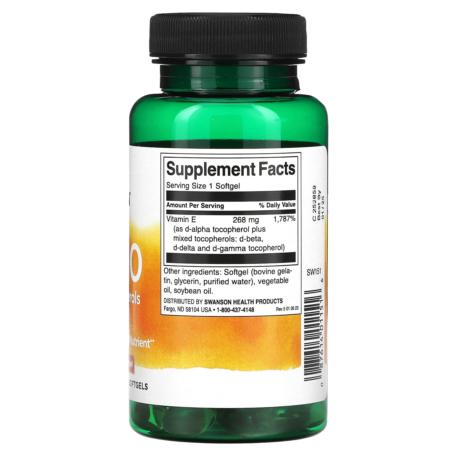 Swanson, E-400, Mixed Tocopherols, 400 IU (268 mg), 100 Softgels - Image 2