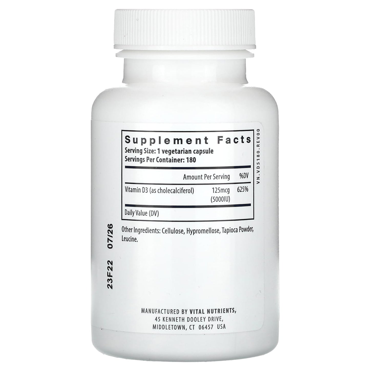 Vital Nutrients, Vitamin D3, 5,000 IU, 180 Vegetarian Capsules - Image 2