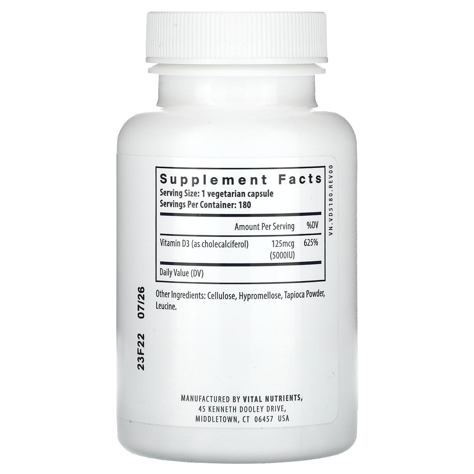 Vital Nutrients, Vitamin D3, 5,000 IU, 180 Vegetarian Capsules - Image 2