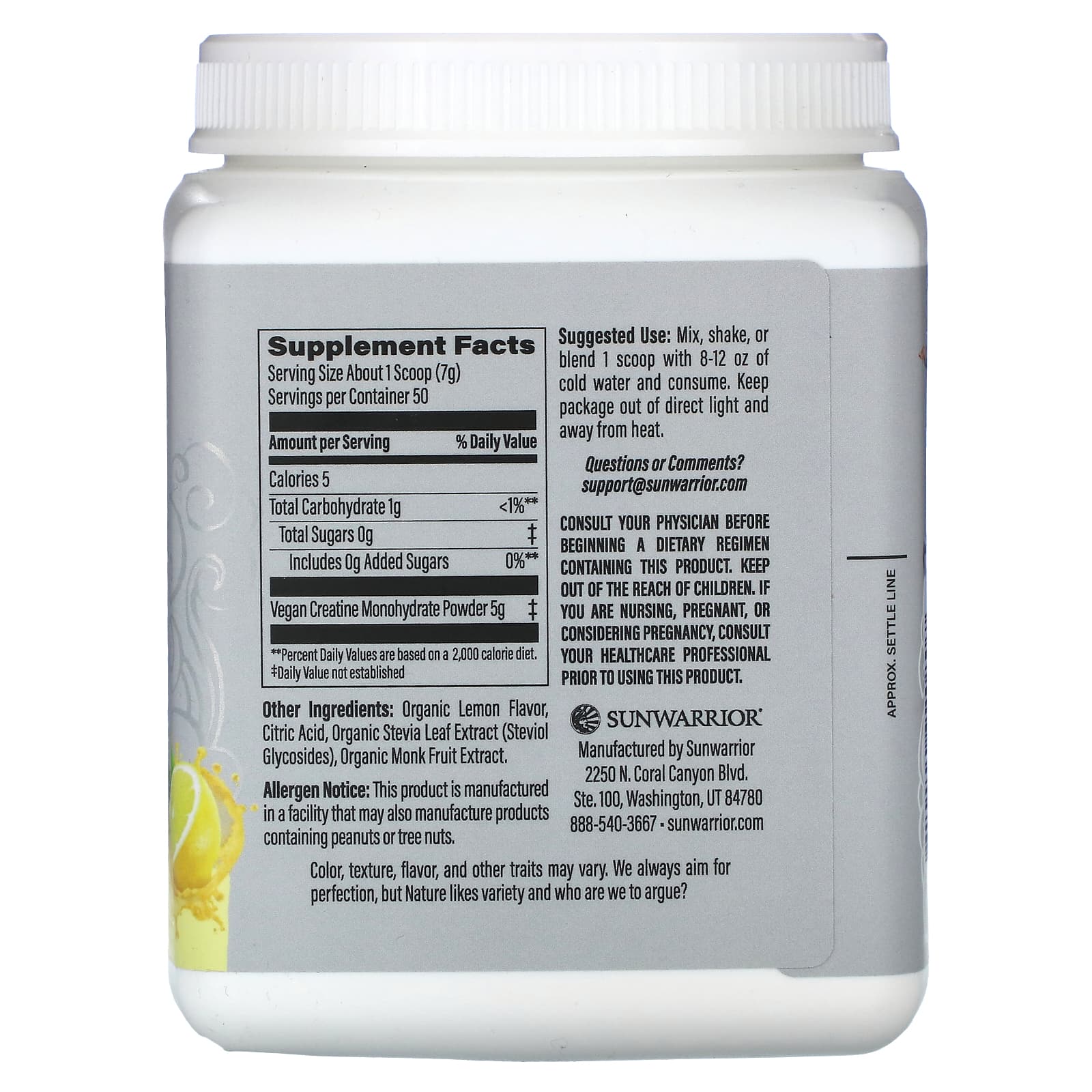 Sunwarrior, Sport, Active Creatine Monohydrate, Lemonade , 12.34 oz (350 g) - Image 2