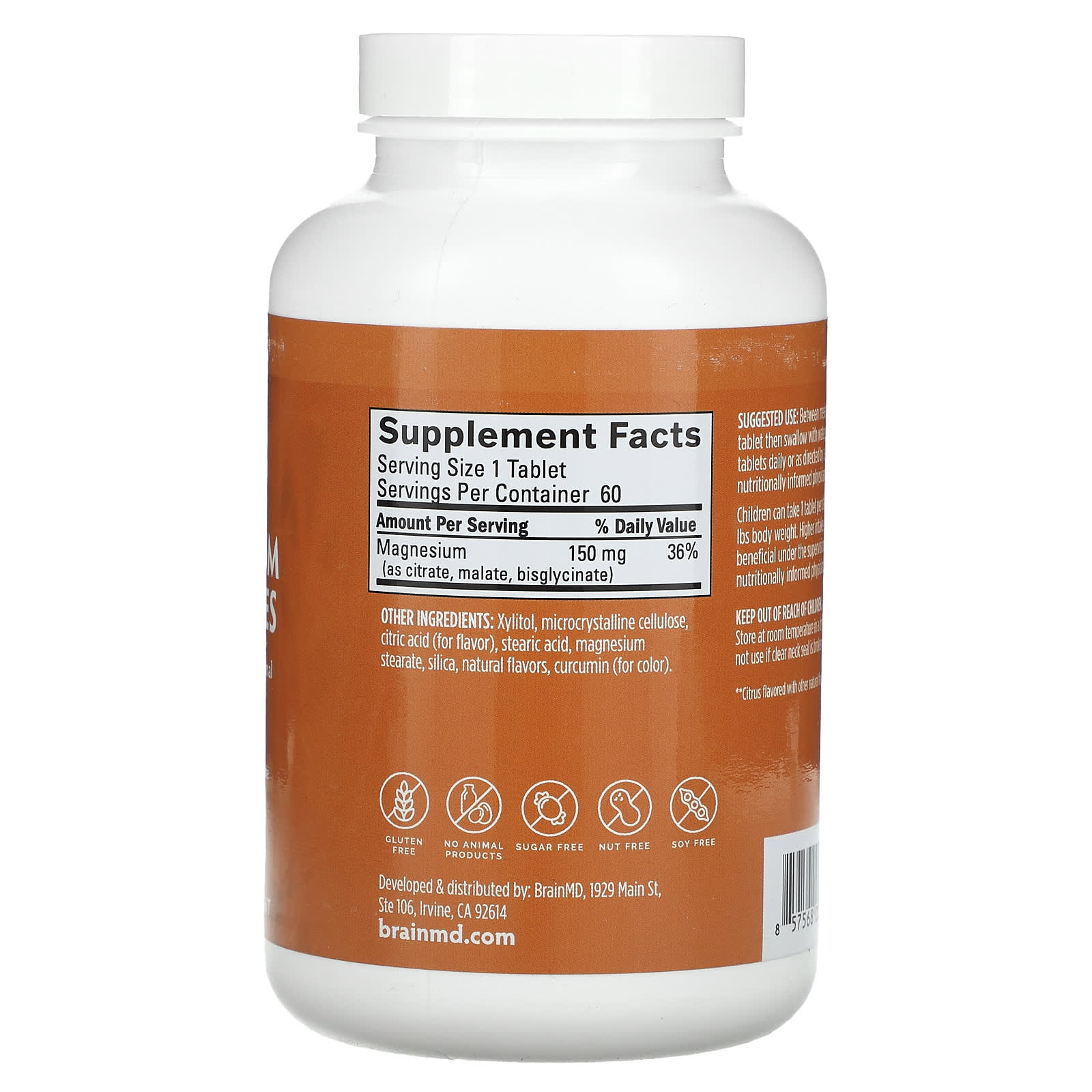 BrainMD Magnesium Chewables 150mg, Citrus Flavor, Vegan, 60 Tablets - Image 2