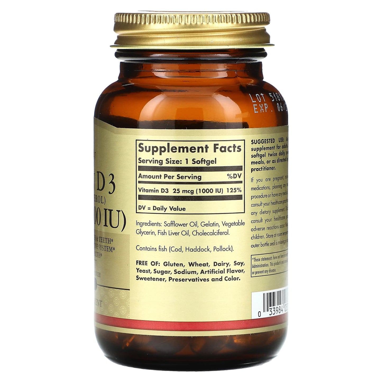 Solgar, Vitamin D 3 (Cholecalciferol), 25 mcg (1,000 IU), 100 Softgels - Image 2