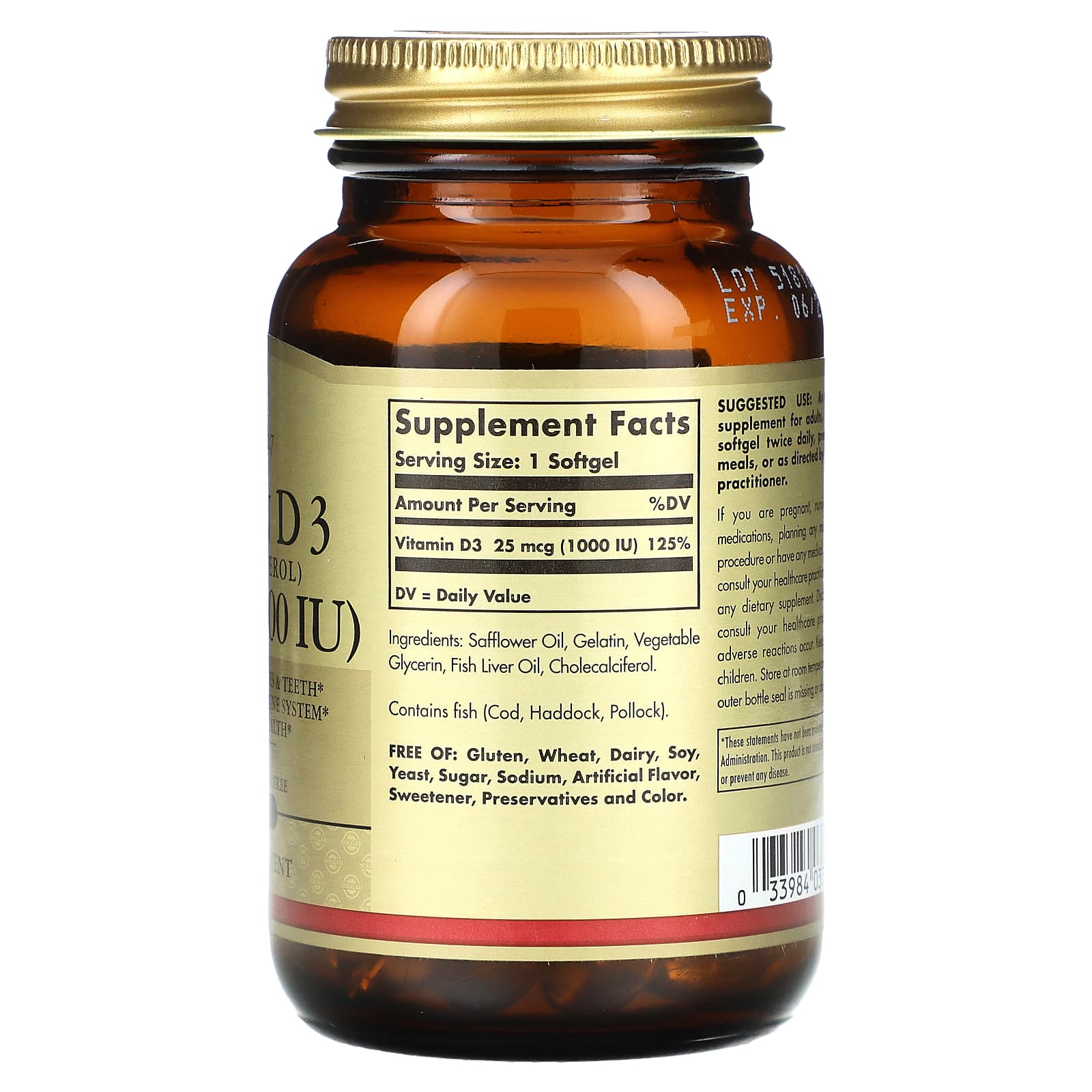 Solgar, Vitamin D 3 (Cholecalciferol), 25 mcg (1,000 IU), 100 Softgels - Image 2