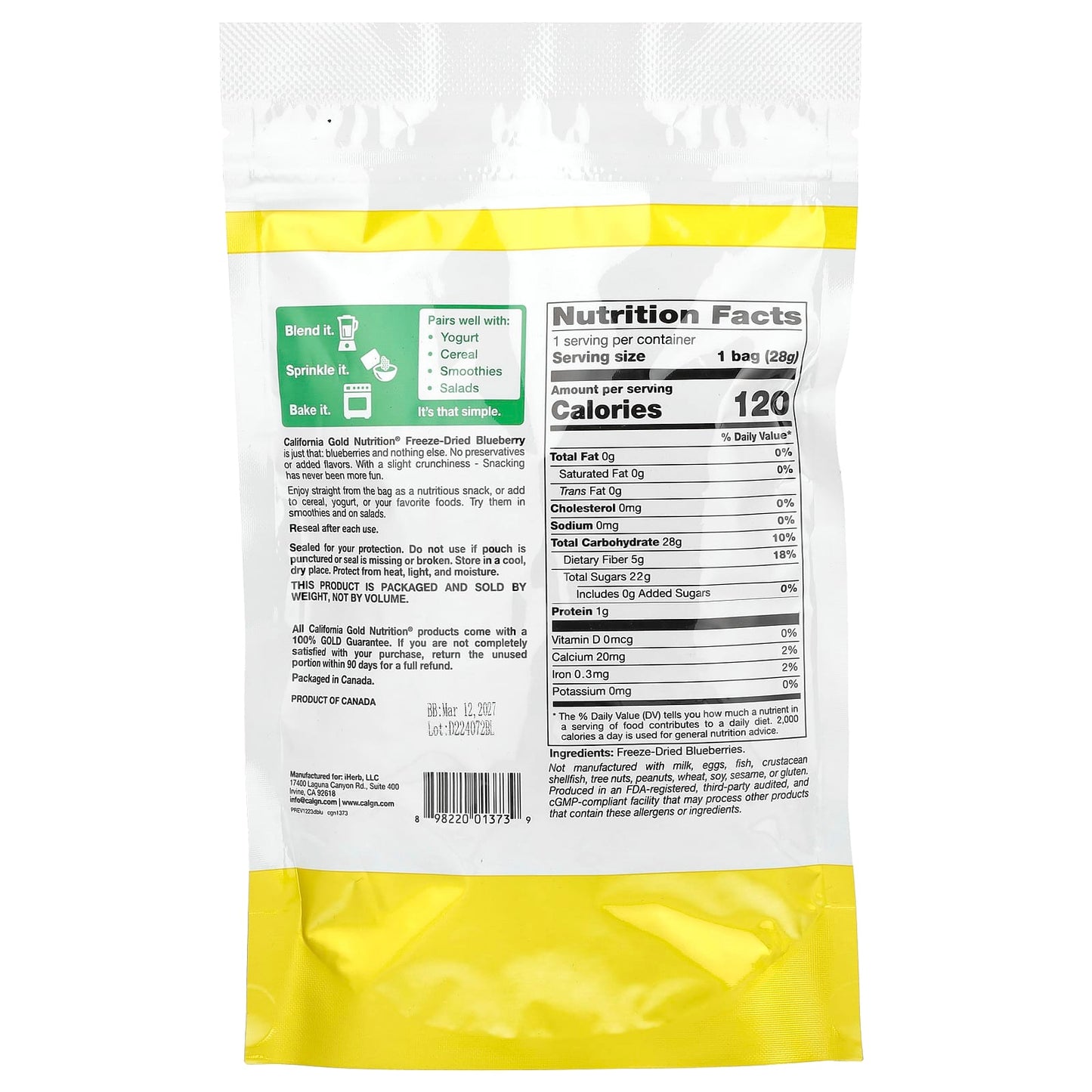 California Gold Nutrition Freeze-Dried Blueberries, 1 oz, No Preservatives - Image 2