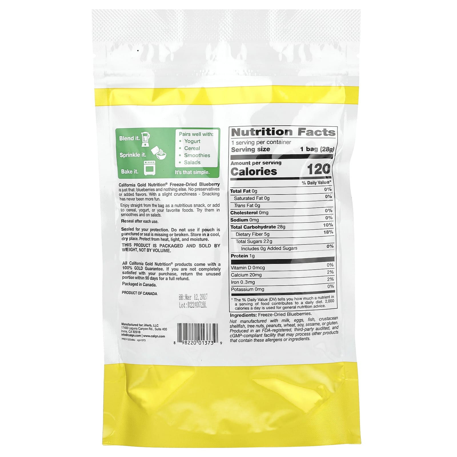 California Gold Nutrition Freeze-Dried Blueberries, 1 oz, No Preservatives - Image 2