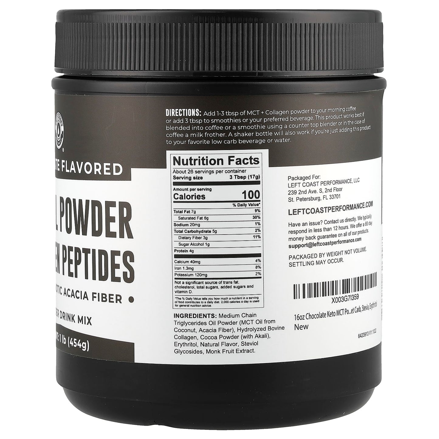 Left Coast Performance, MCT Oil Powder Collagen Peptides with Prebiotic Acacia Fiber, Chocolate, 1 lb (454 g) - Image 2