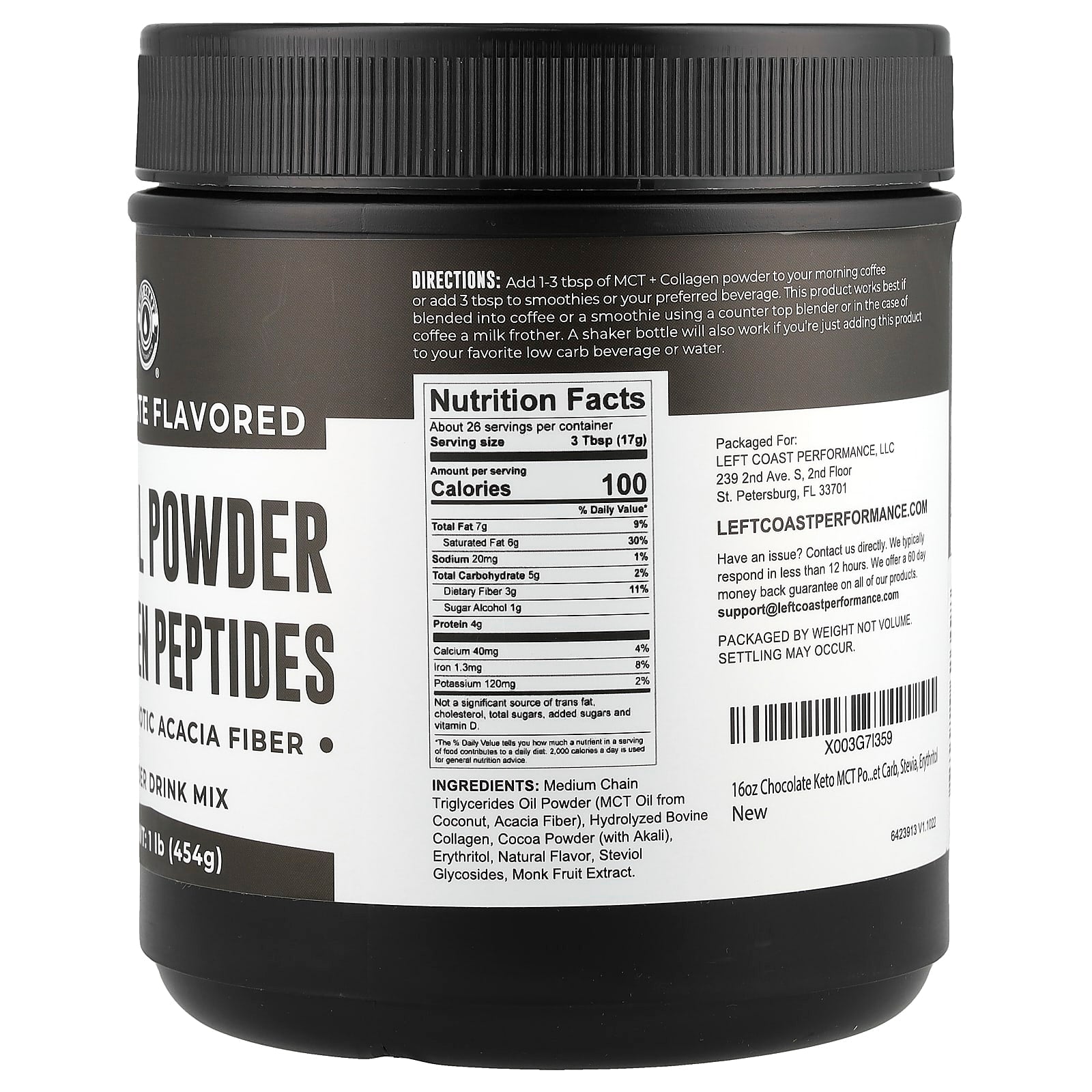 Left Coast Performance, MCT Oil Powder Collagen Peptides with Prebiotic Acacia Fiber, Chocolate, 1 lb (454 g) - Image 2