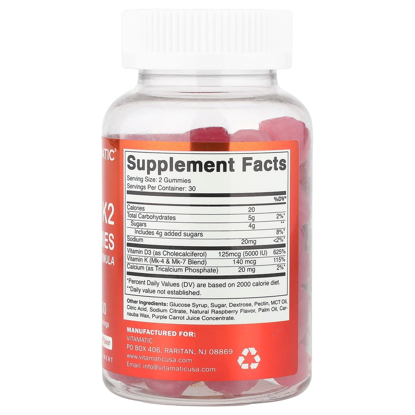 Vitamatic, D3 + K2 Gummies, Natural Raspberry, 60 Gummies - Image 2