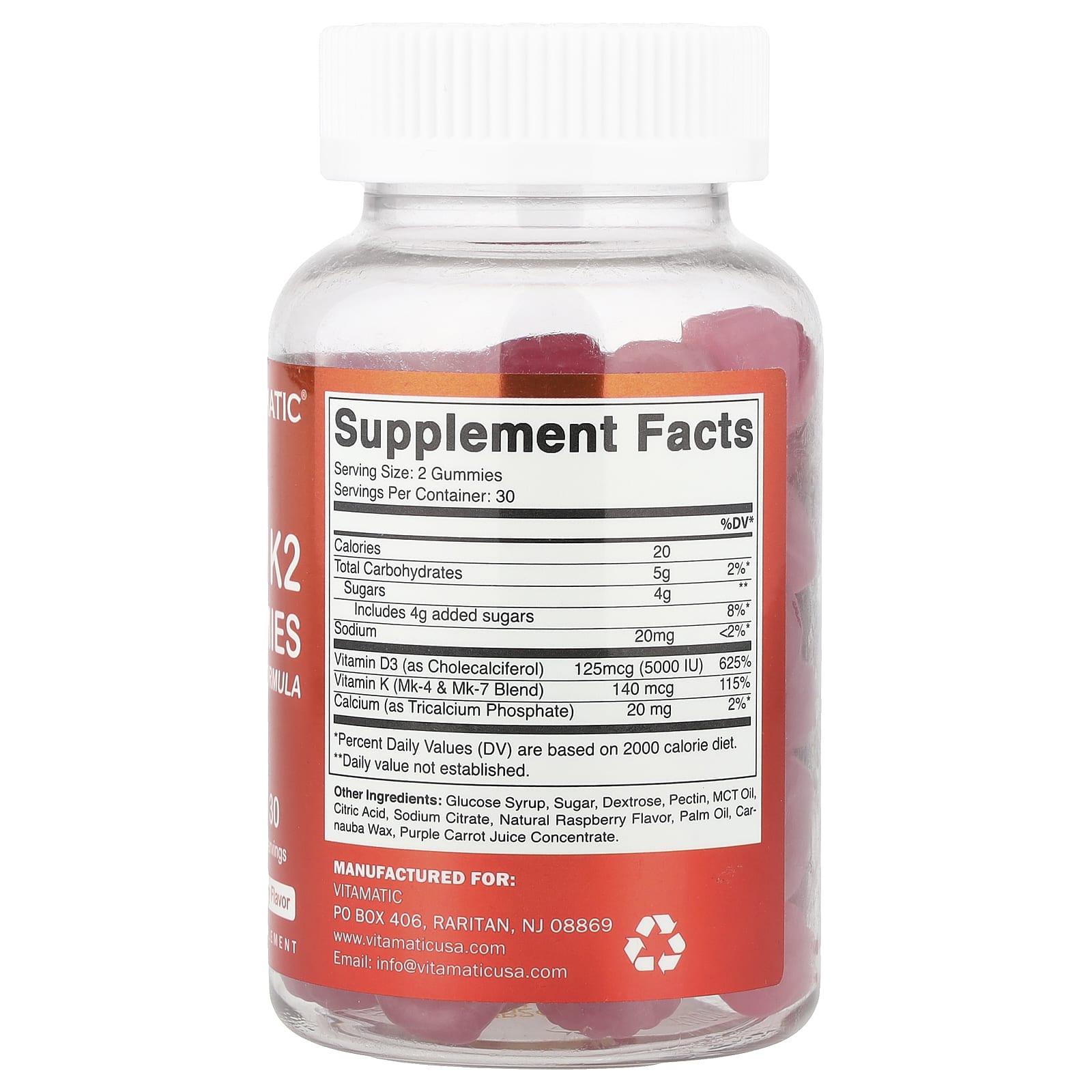 Vitamatic, D3 + K2 Gummies, Natural Raspberry, 60 Gummies - Image 2
