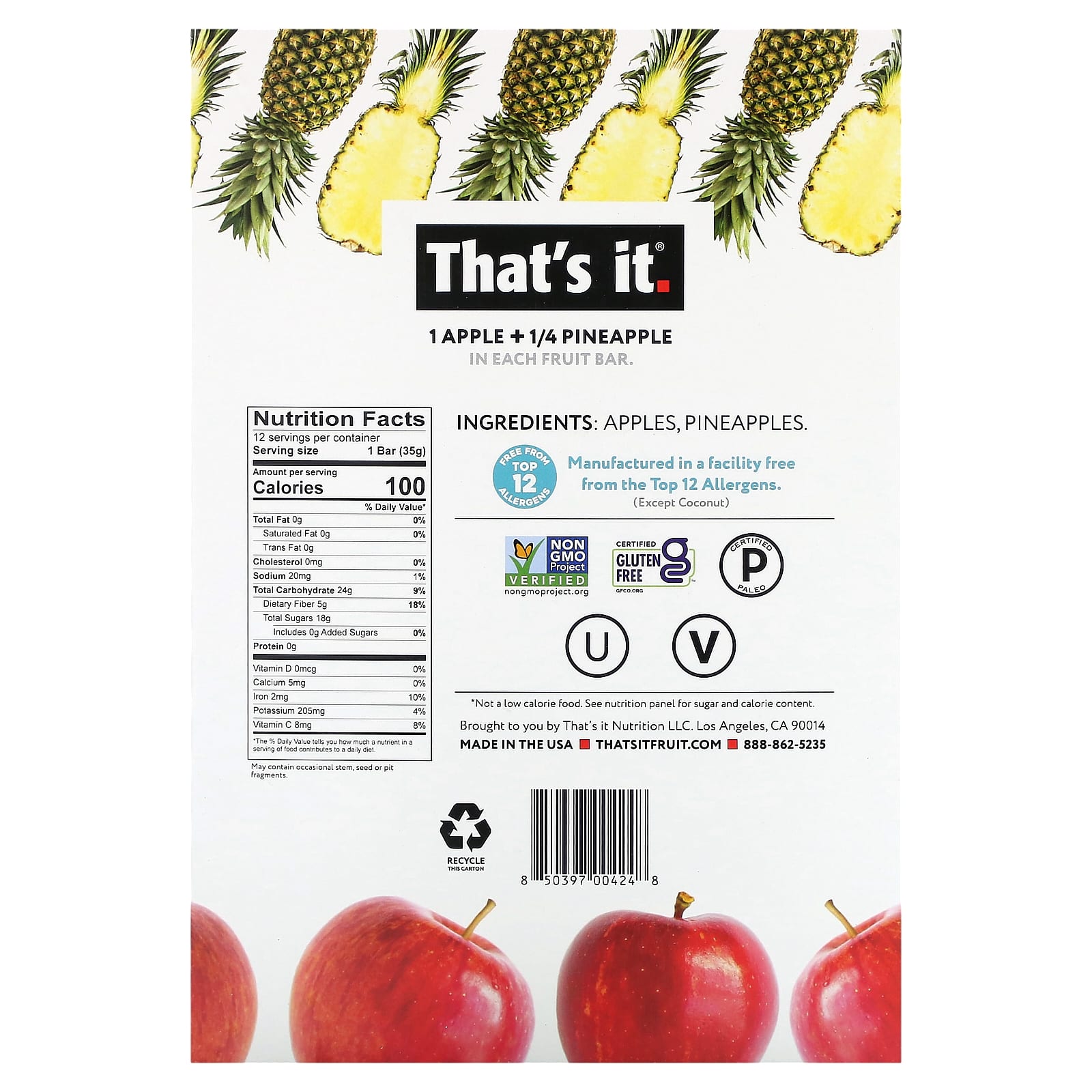 That's It, Fruit Bar, Apple + Pineapple, 12 Bars, 1.2 oz (35 g) Each - Image 2
