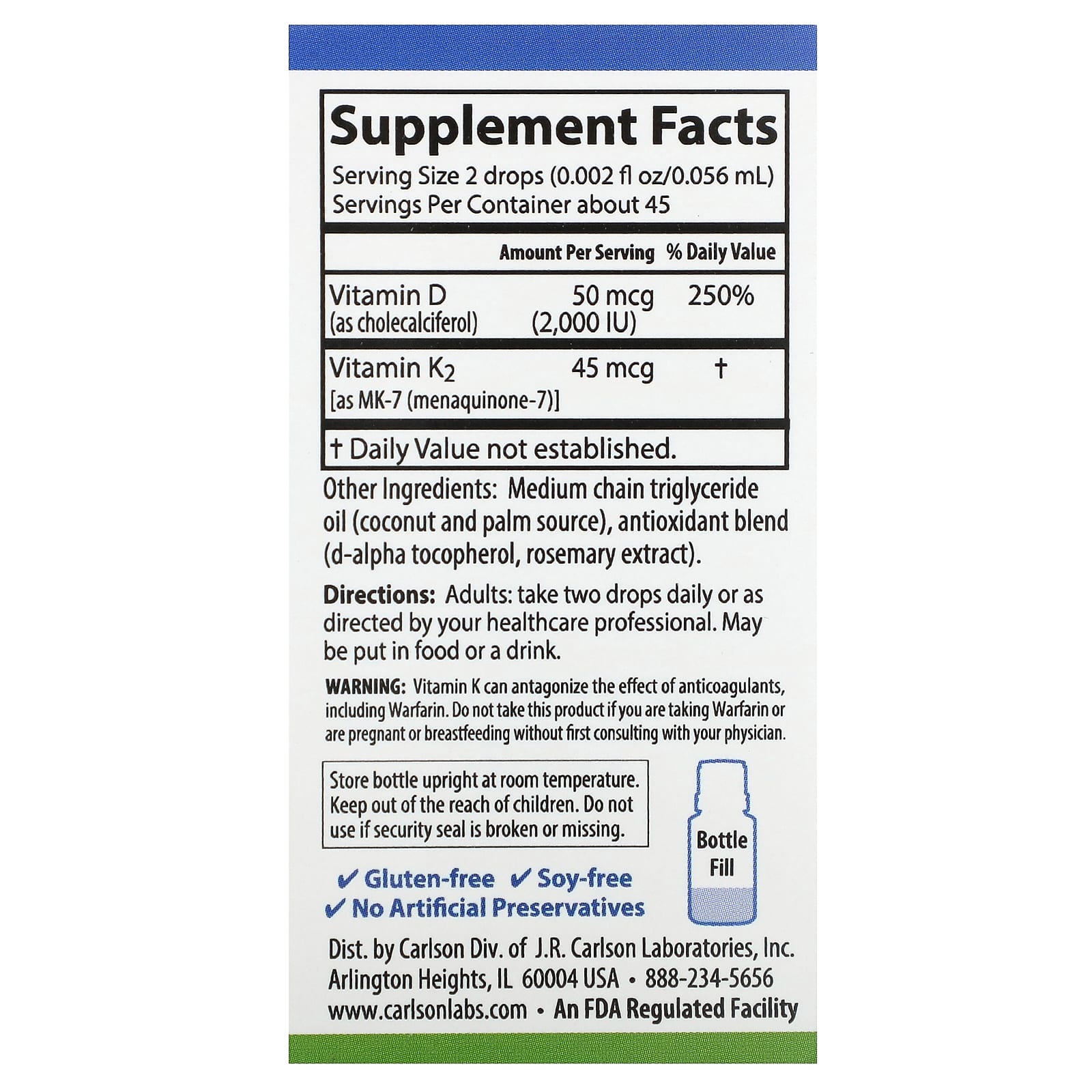 Carlson Super Daily D3 + K2, 45mcg & 2,000 IU, Liquid Vitamin Drops - Image 2