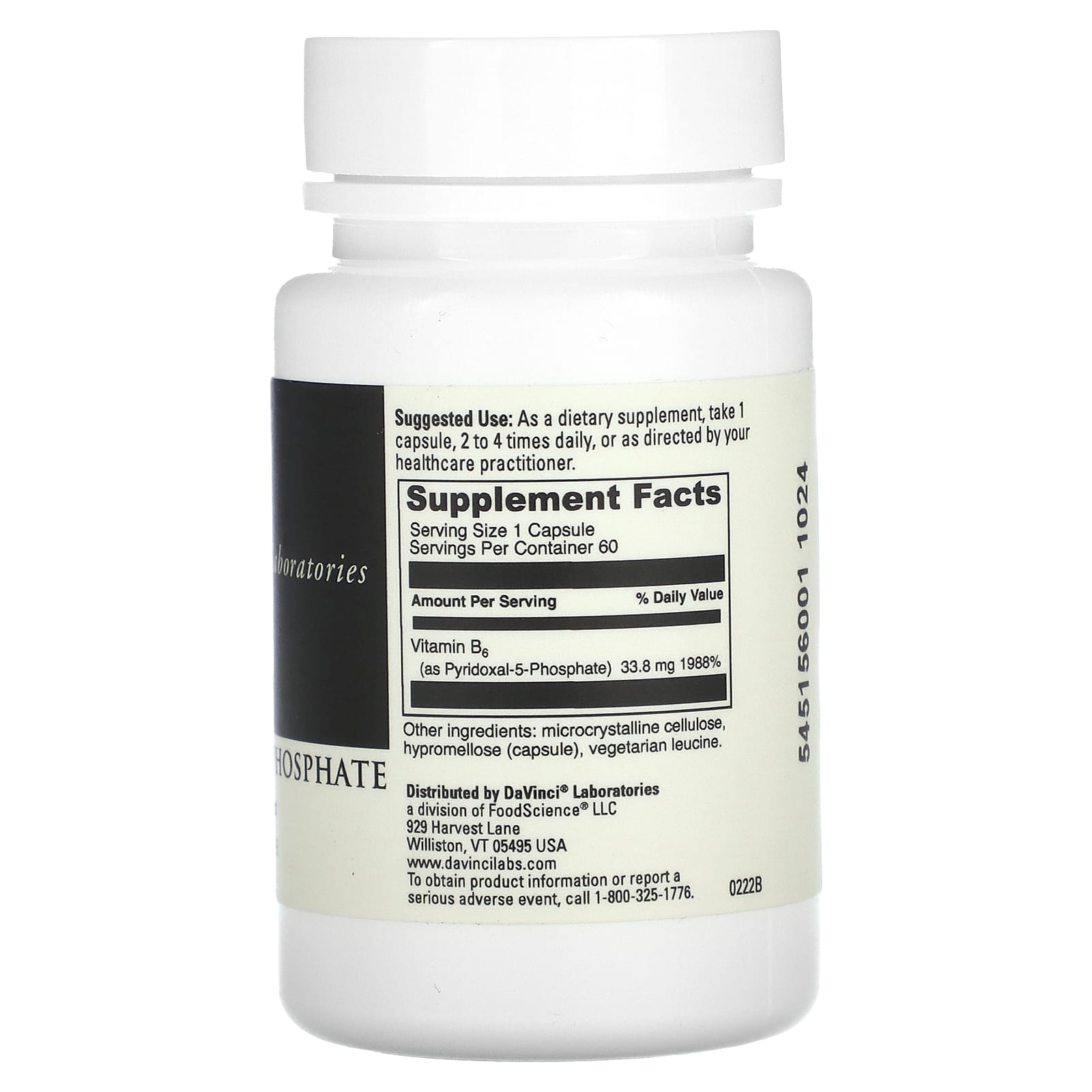 Pyridoxal-5-Phosphate Vitamin B6 Supplement by DaVinci Laboratories, 60 Capsules - Image 2