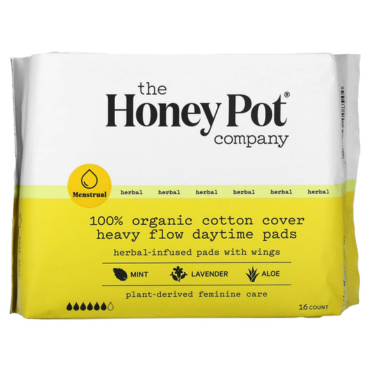 The Honey Pot Company, 100% Organic Cotton Cover Heavy Flow Daytime Pads, 16 Count - Image 1