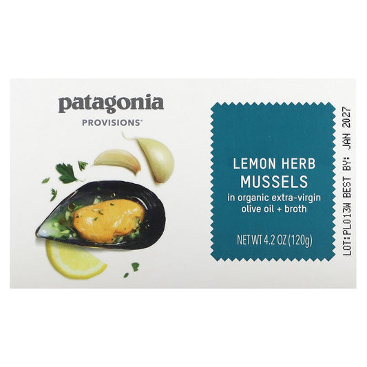 Patagonia Provisions, Lemon Herb Mussels In Organic Extra-Virgin Olive Oil + Broth, 4.2 oz (120 g) - Image 1