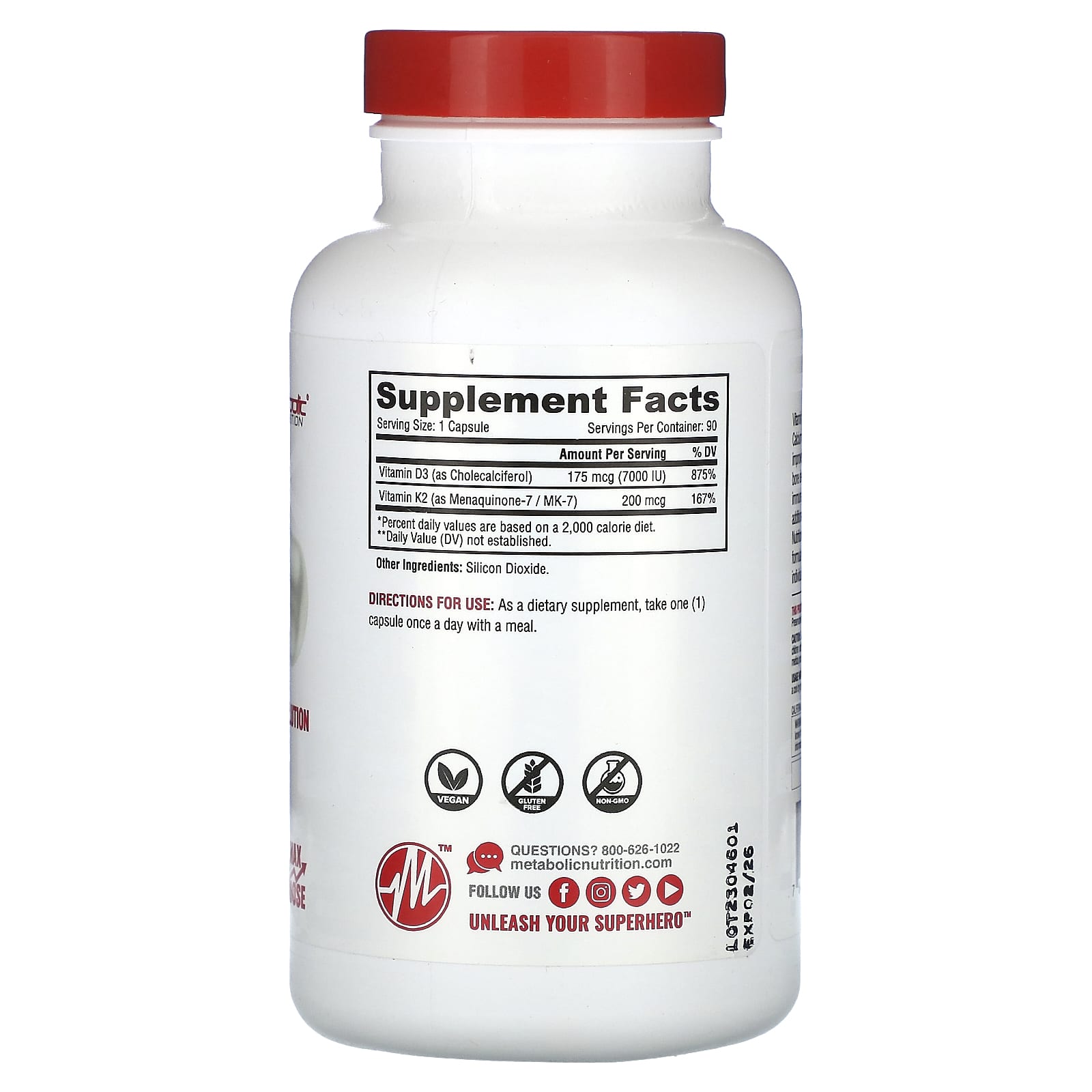 Metabolic Nutrition, Vitamin-D3 + K2, Maximum Potency Formula, 90 Capsules - Image 2