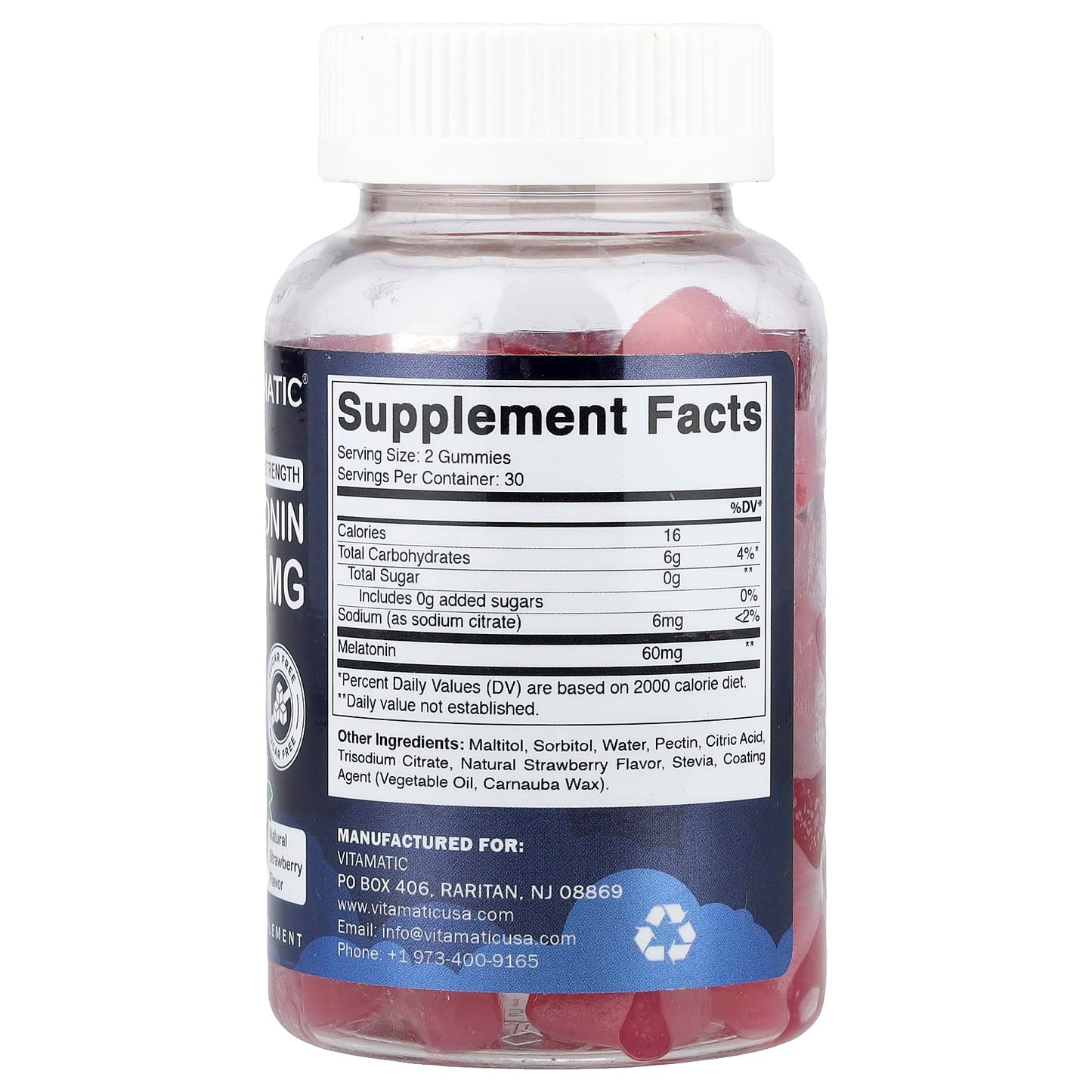 Vitamatic, Extra Strength Melatonin Gummies, Natural Strawberry, Sugar Free, 60 mg, 60 Gummies - Image 2