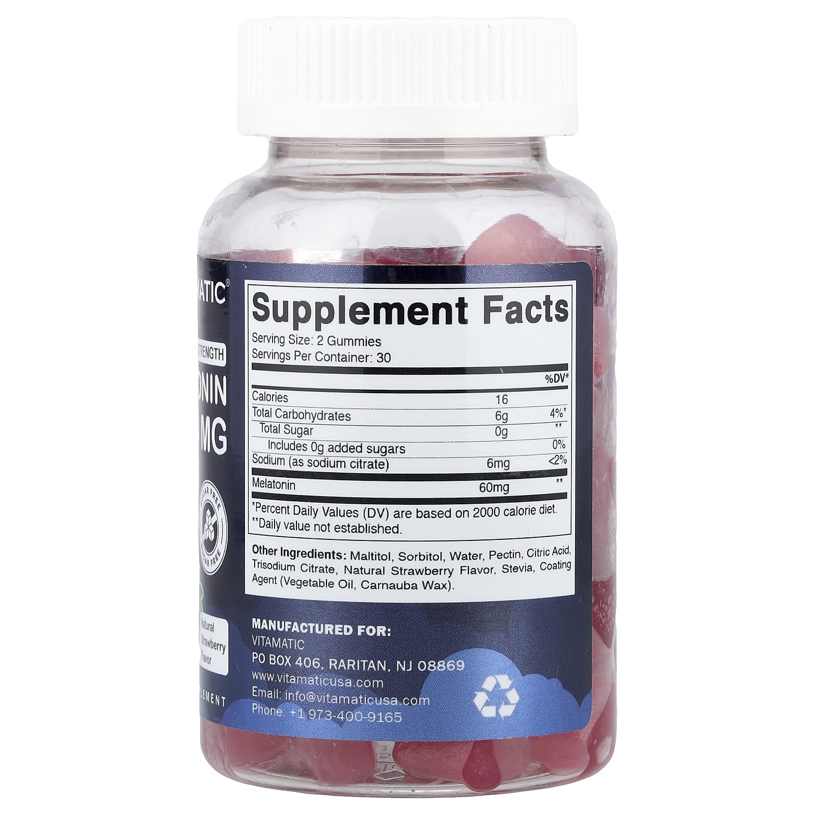Vitamatic, Extra Strength Melatonin Gummies, Natural Strawberry, Sugar Free, 60 mg, 60 Gummies - Image 2