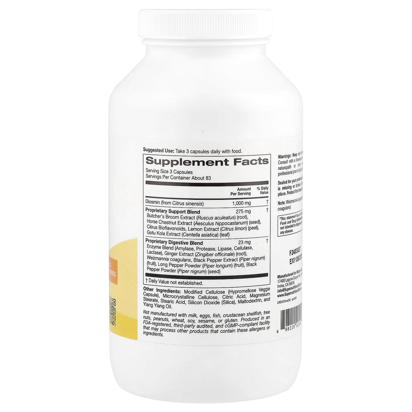 Vein Support Formula with Diosmin, Butcher's Broom & More - 250 Veggie Capsules - Image 2