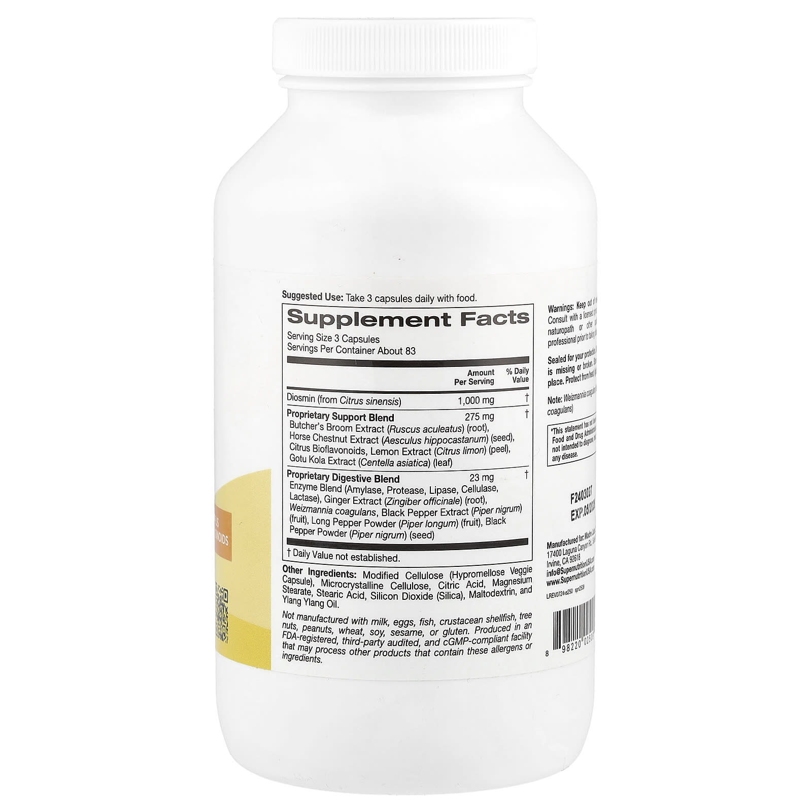 Vein Support Formula with Diosmin, Butcher's Broom & More - 250 Veggie Capsules - Image 2