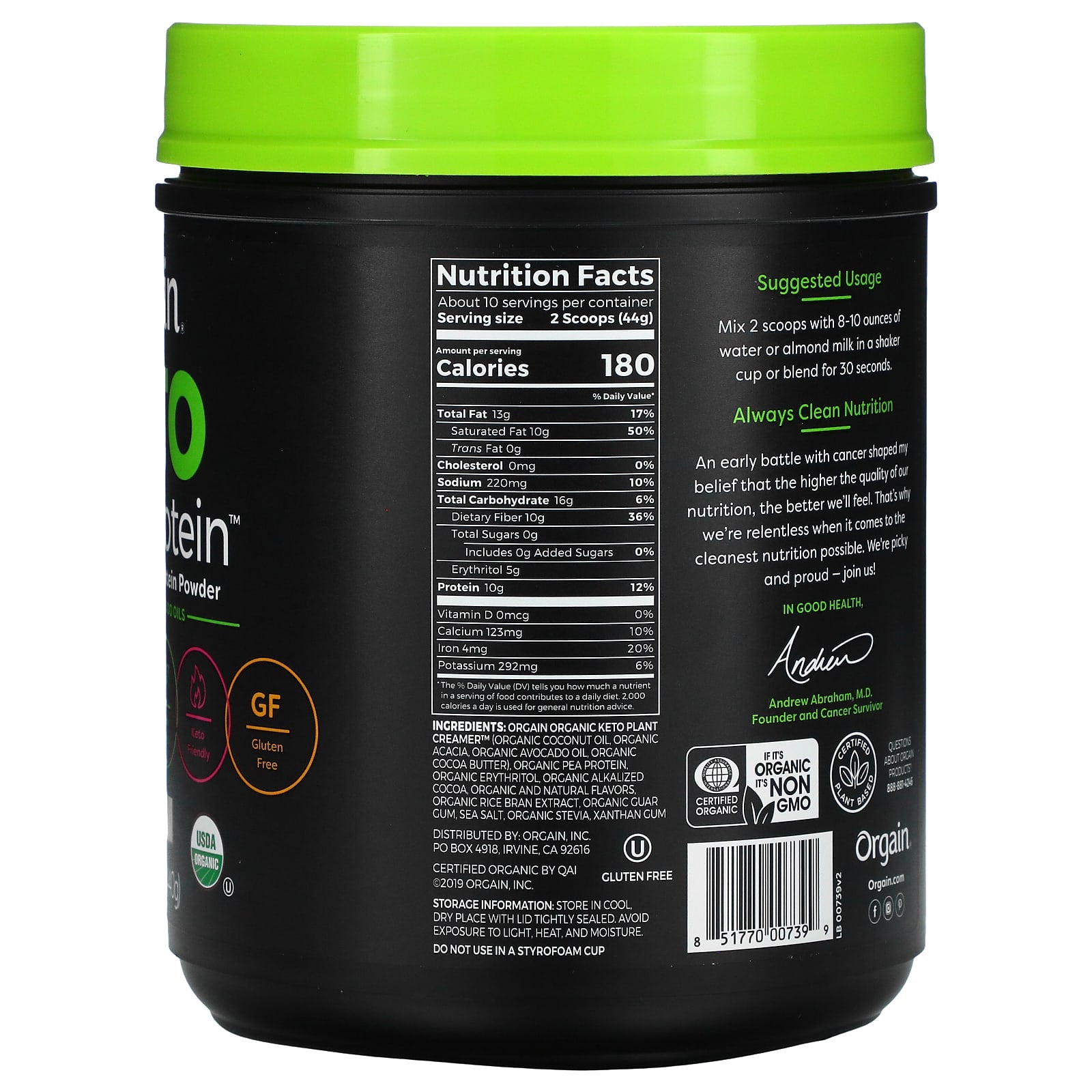 Orgain, Keto, Organic Plant Protein Powder, Chocolate, 0.97 lb (440 g) - Image 2