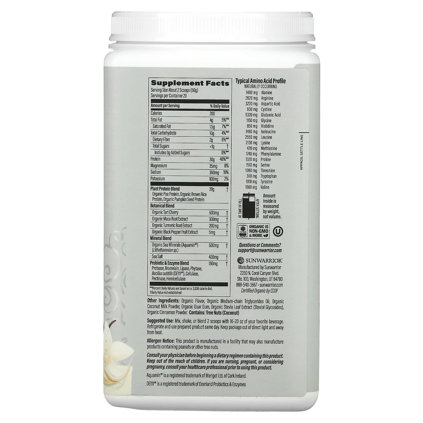 Sunwarrior, Sport, Organic Active Protein, Vanilla, 2.2 lb (1 kg) - Image 2
