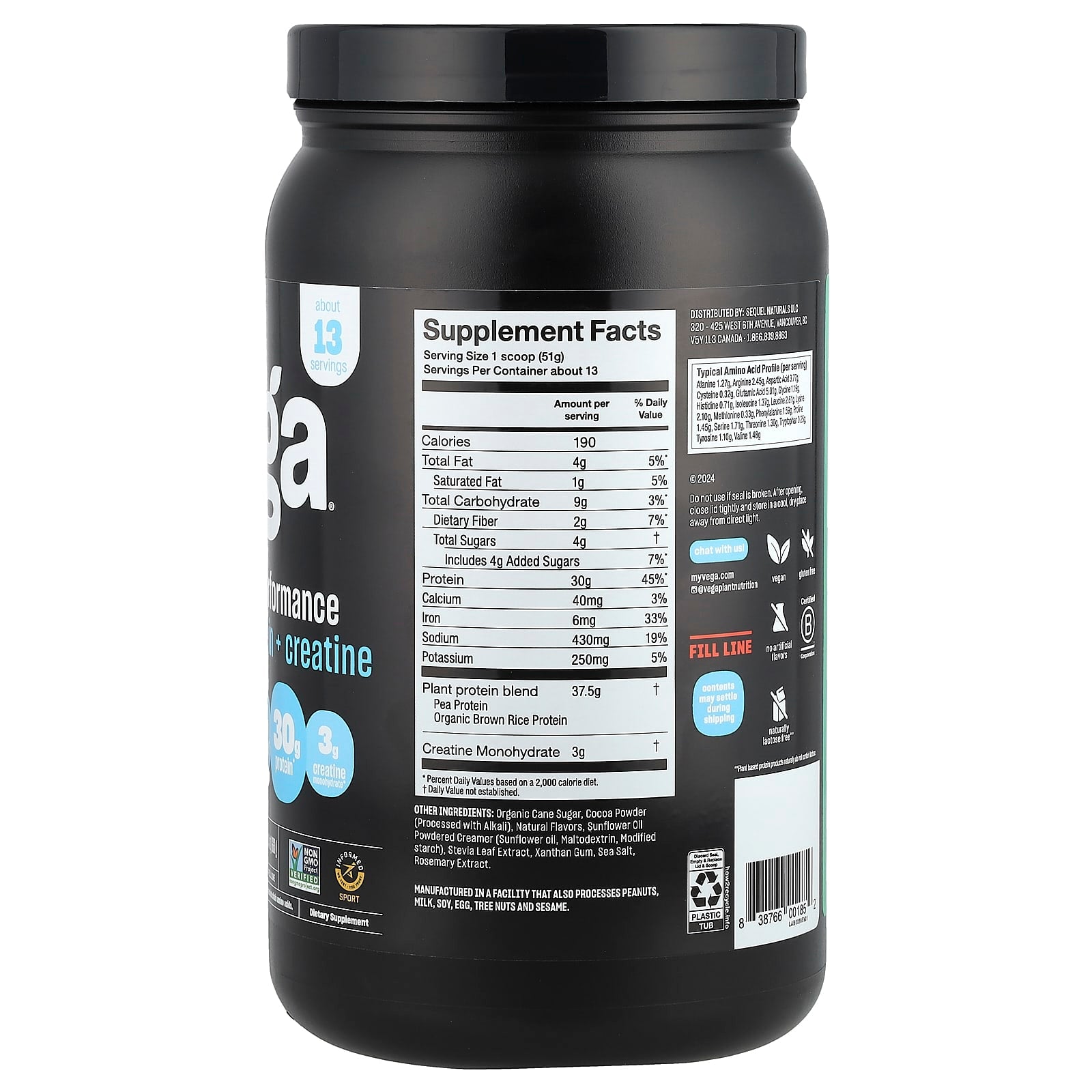 Vega, Plant-Based Performance Protein + Creatine, Creamy Chocolate, 1 lb 7.4 oz (663 g) - Image 2