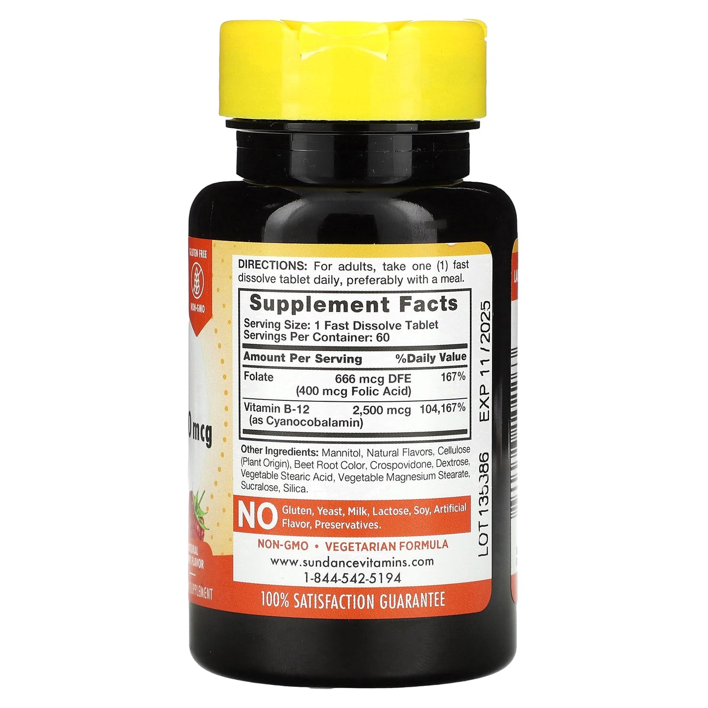 Sundance Vitamins, Fast Dissolve B-12 + Folic Acid, Natural Berry, 60 Fast Dissolve Tablets - Image 2