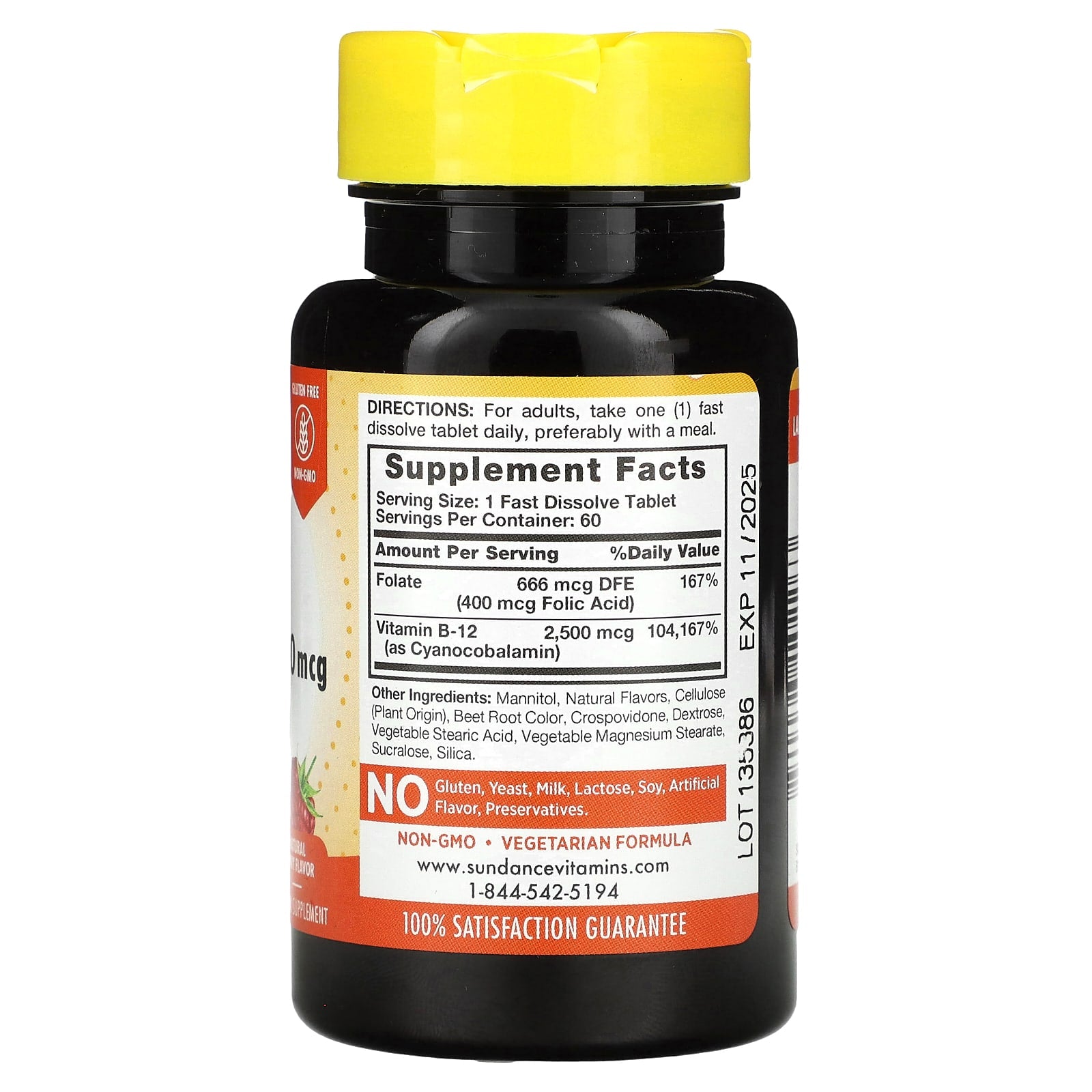 Sundance Vitamins, Fast Dissolve B-12 + Folic Acid, Natural Berry, 60 Fast Dissolve Tablets - Image 2