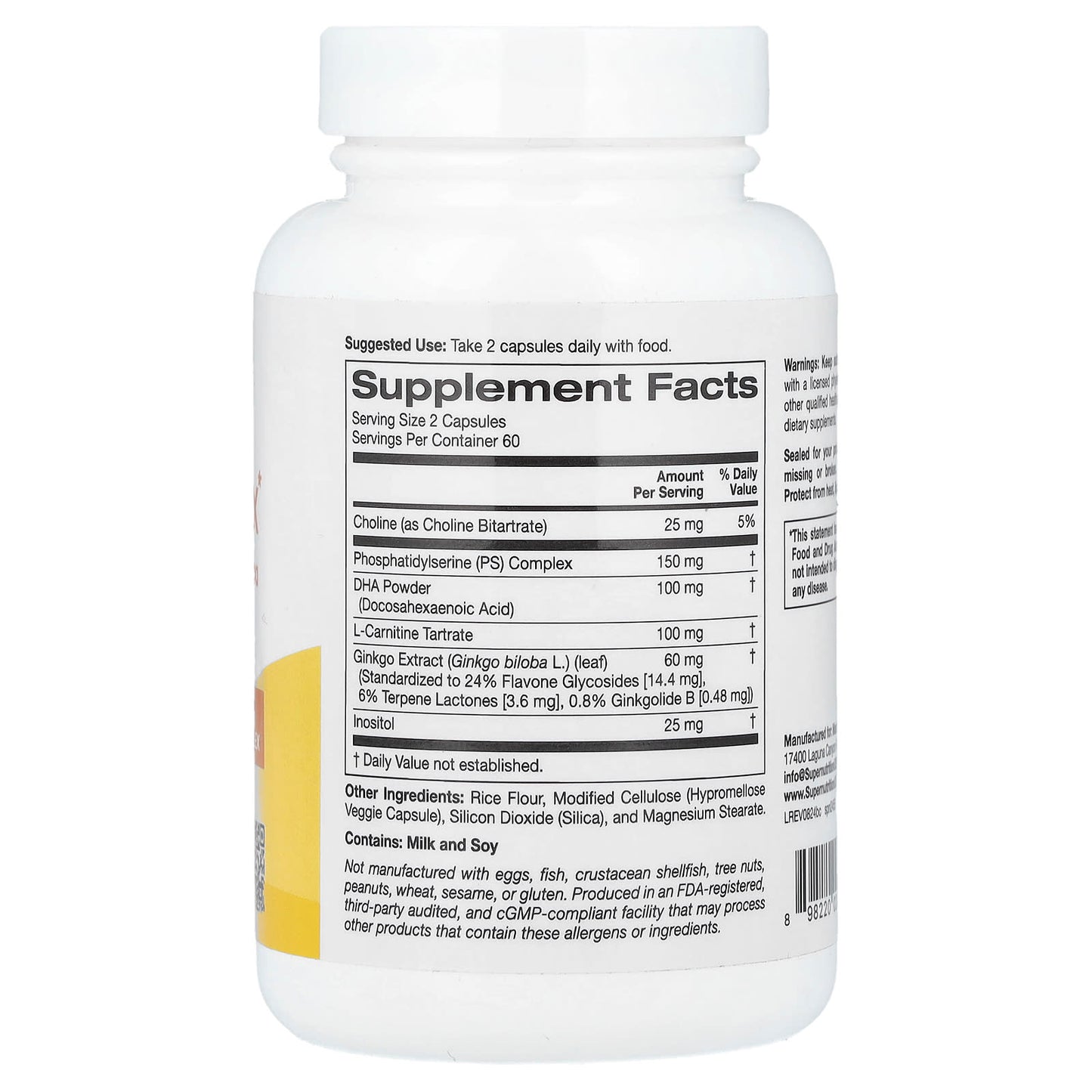 Super Nutrition, Brain Complex with L-Carnitine, Ginkgo Biloba, Phosphatidylserine, and Choline, 120 Veggie Capsules - Image 2