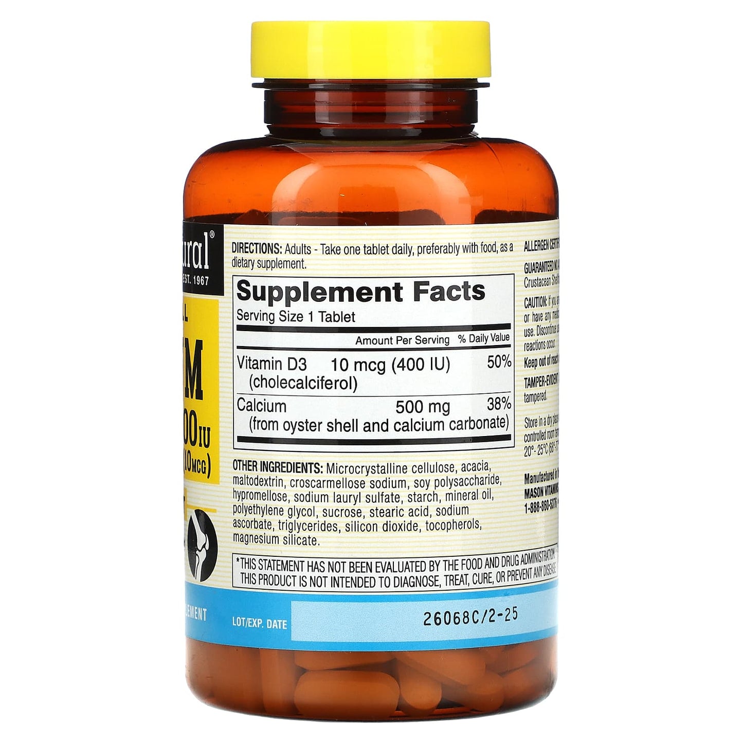 Mason Natural, Oyster Shell Calcium Plus D3, 250 Tablets - Image 2