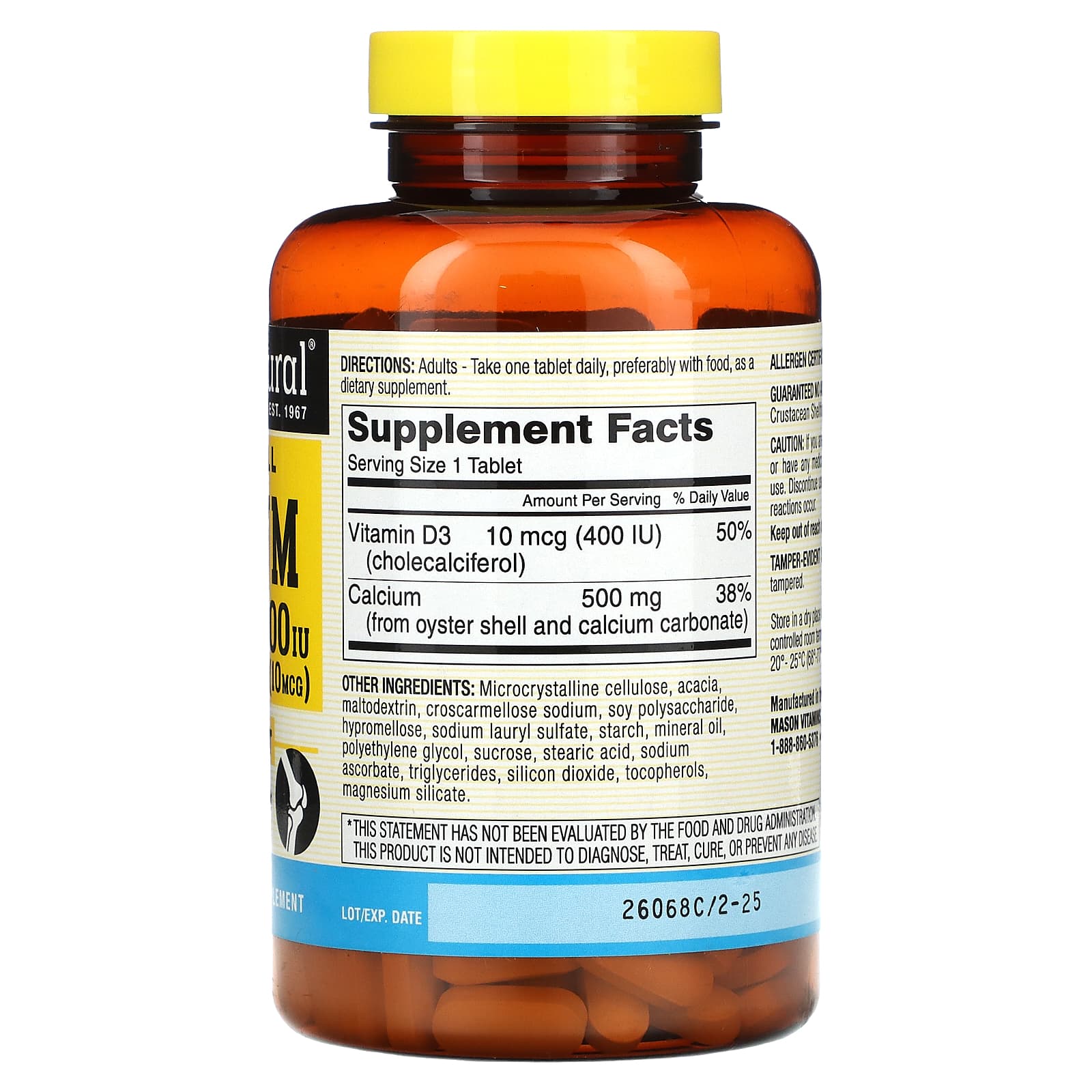 Mason Natural, Oyster Shell Calcium Plus D3, 250 Tablets - Image 2