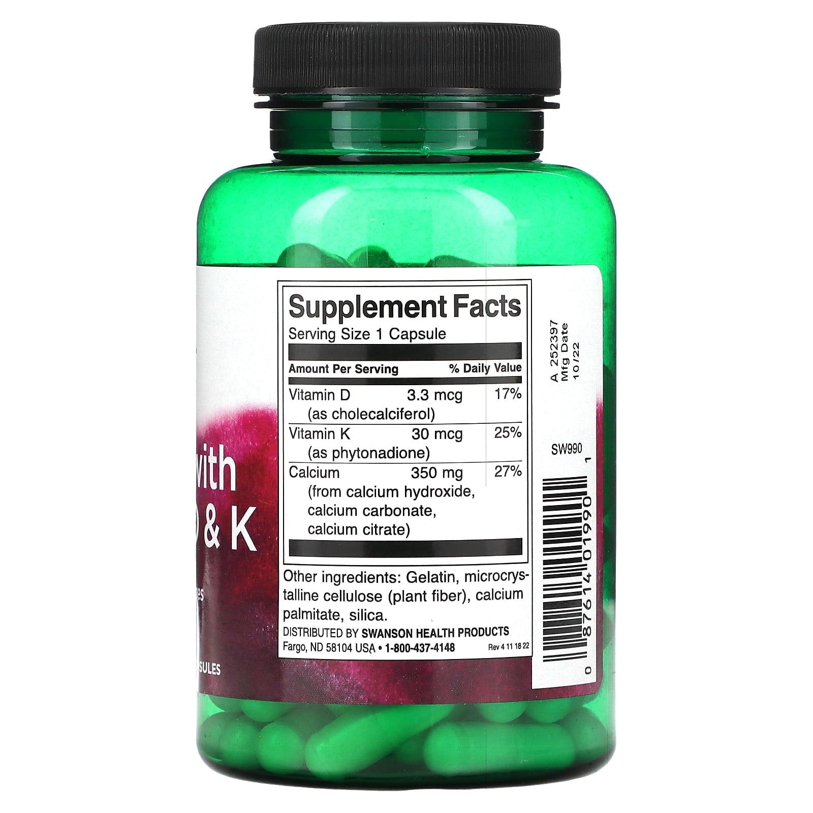 Swanson, Calcium with Vitamins D & K, 100 Capsules - Image 2