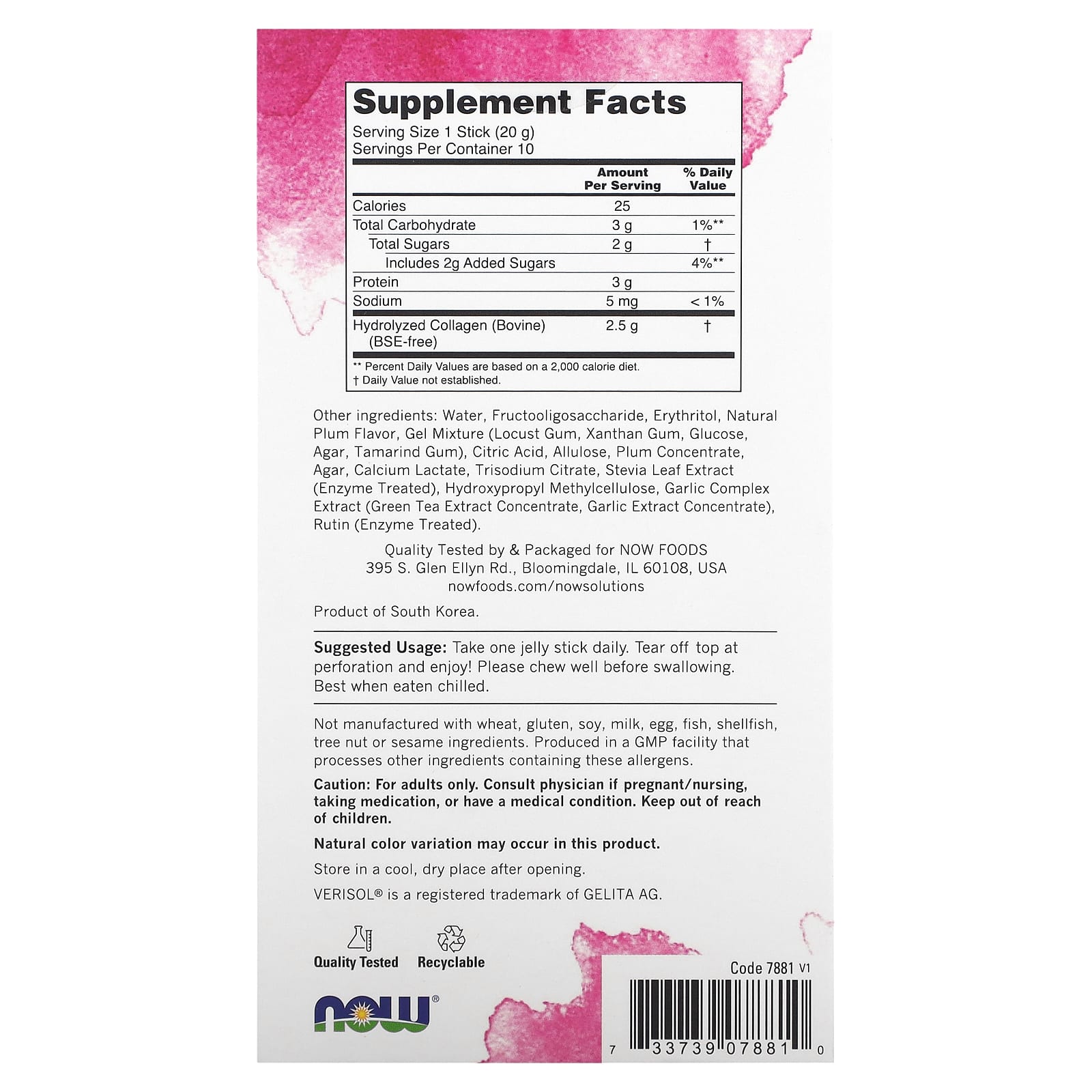 NOW Foods, Solutions, Collagen Jelly Beauty Complex, Sweet Plum, 10 Jelly Sticks, 0.705 oz (20 g) Each