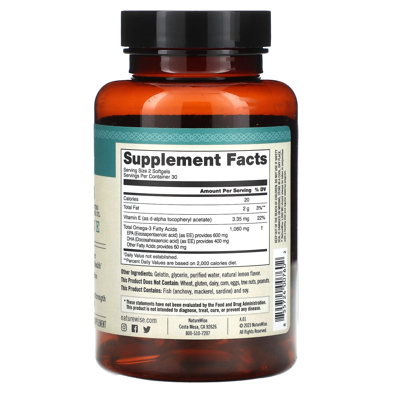 NatureWise, Omega 3 Plus Vitamin E, 60 Softgels - Image 2