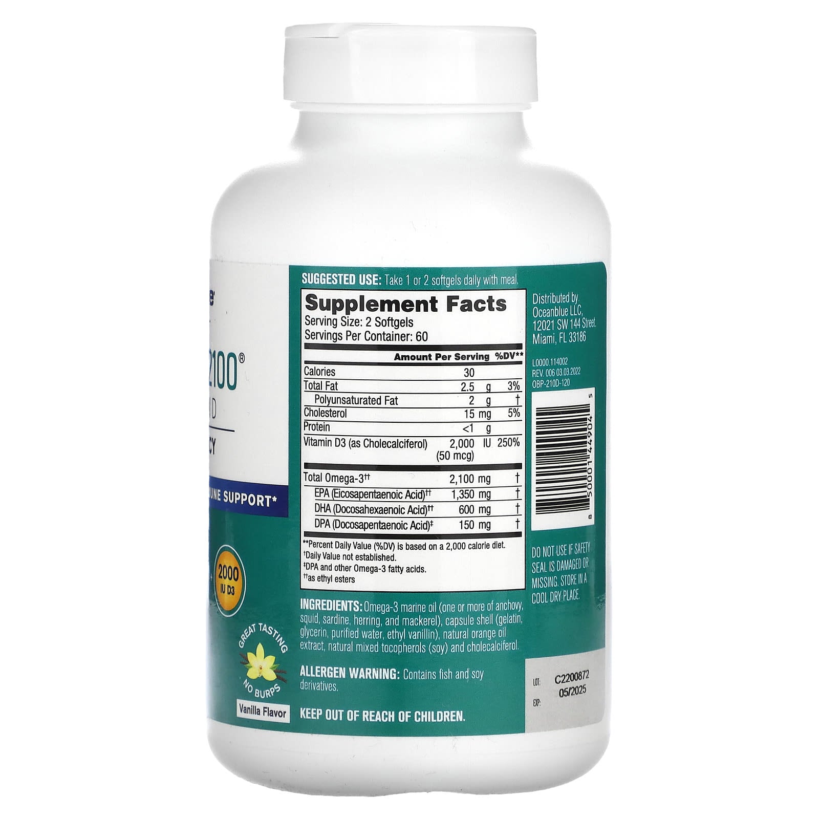 OceanBlue, Professional, Omega-3 2100 With Vitamin D, High Potency, Vanilla, 120 Softgels - Image 2