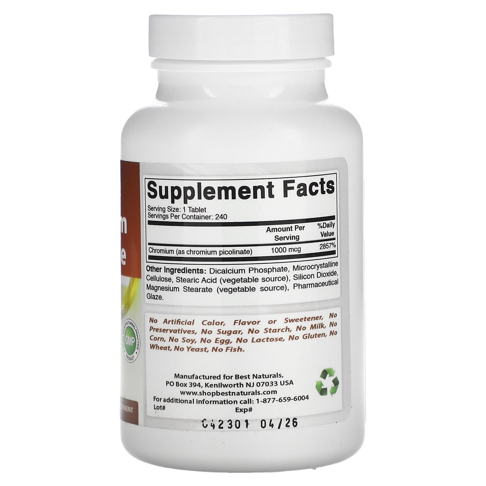 Best Naturals Chromium Picolinate Supplement, 1,000 mcg, 240 Tablets - Image 2