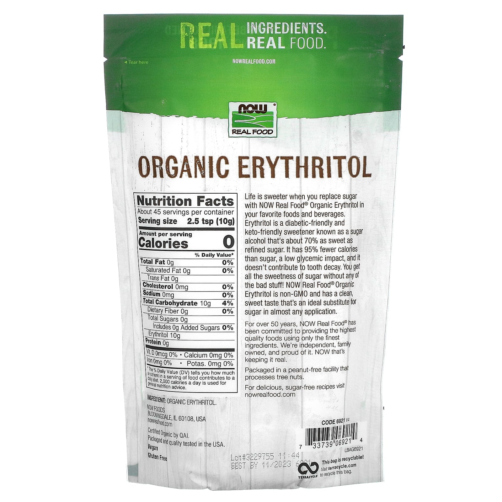 NOW Foods, Real Food, Organic Erythritol, 1 lb (454 g) - Image 2