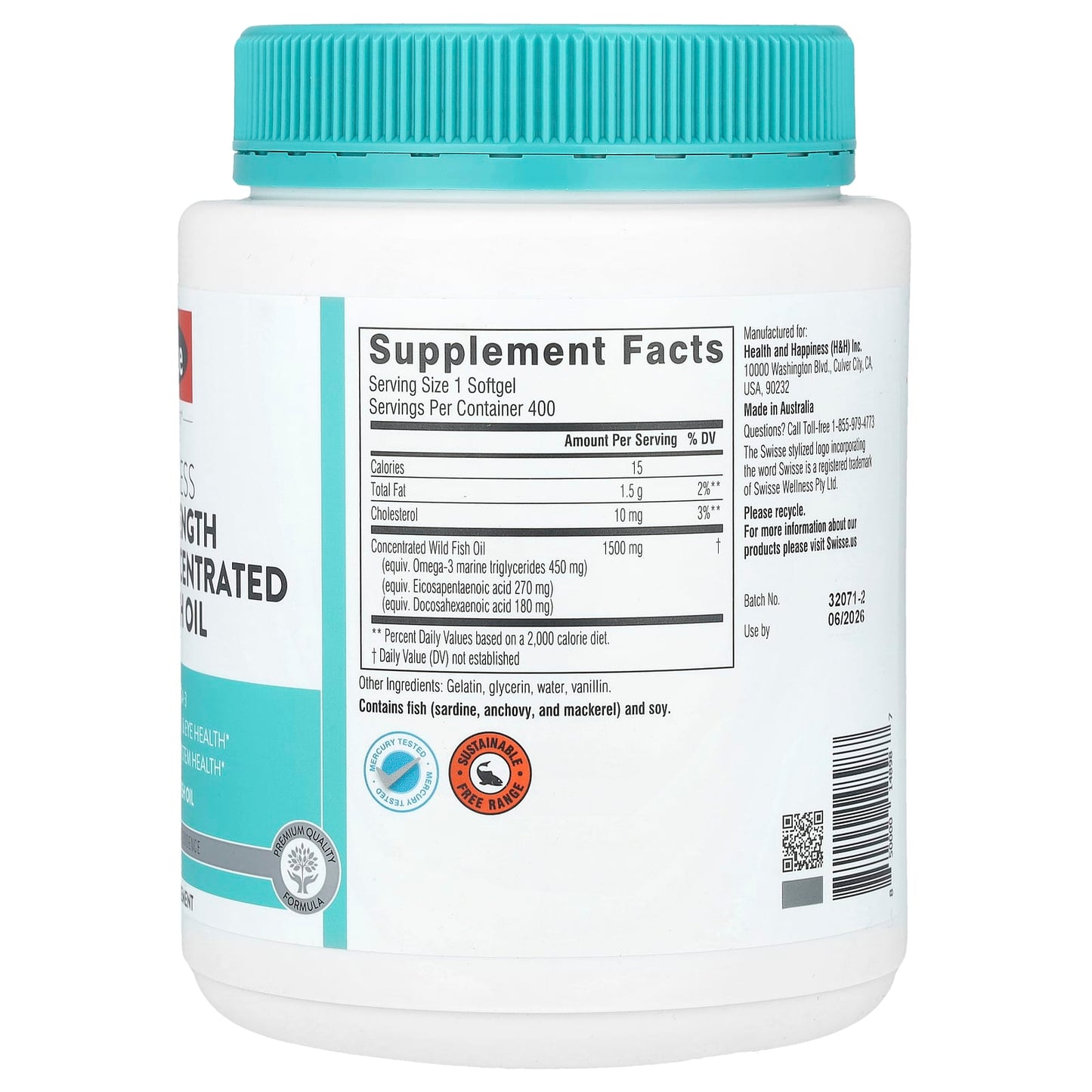 Swisse, Ultiboost®, Odorless High Strength Omega-3 Concentrated Wild Fish Oil , 1,500 mg , 400 Softgels - Image 2