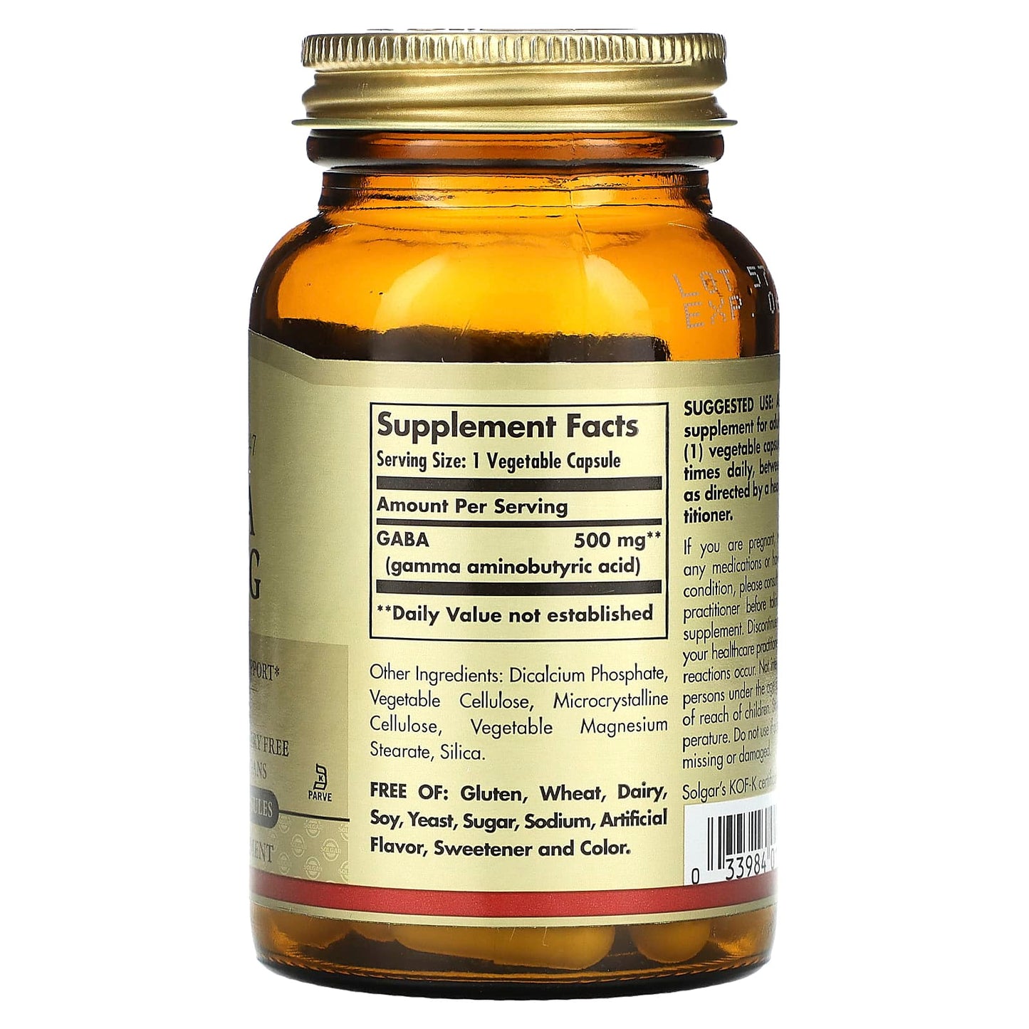 Solgar, GABA, 500 mg, 50 Vegetable Capsules - Image 2