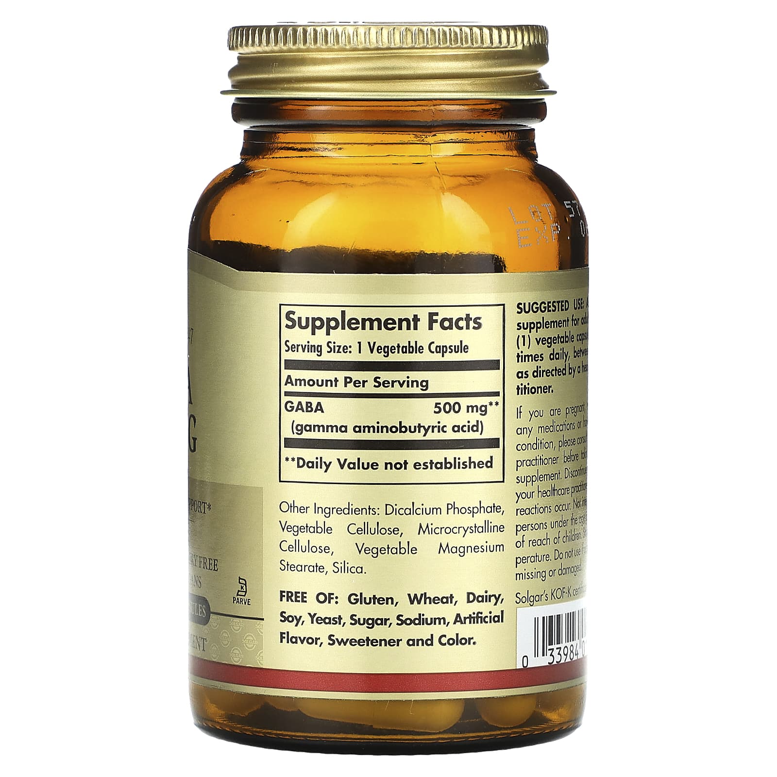 Solgar, GABA, 500 mg, 50 Vegetable Capsules - Image 2